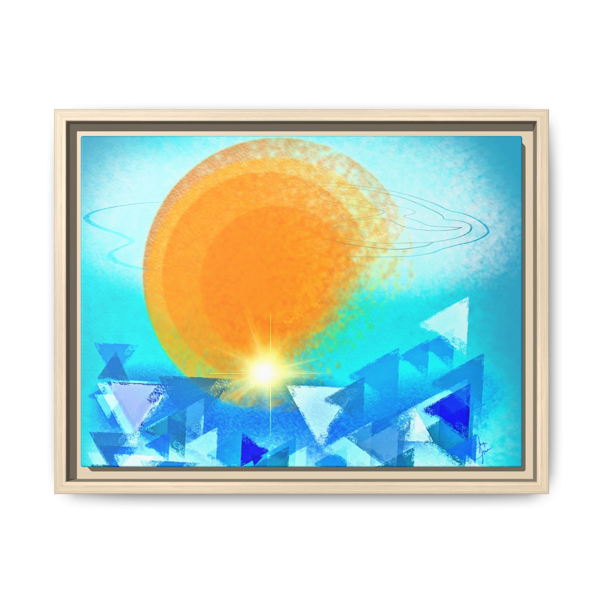Abstract Sunrise Framed Canvas Art – Orange Sun Over Blue Geometric Waves