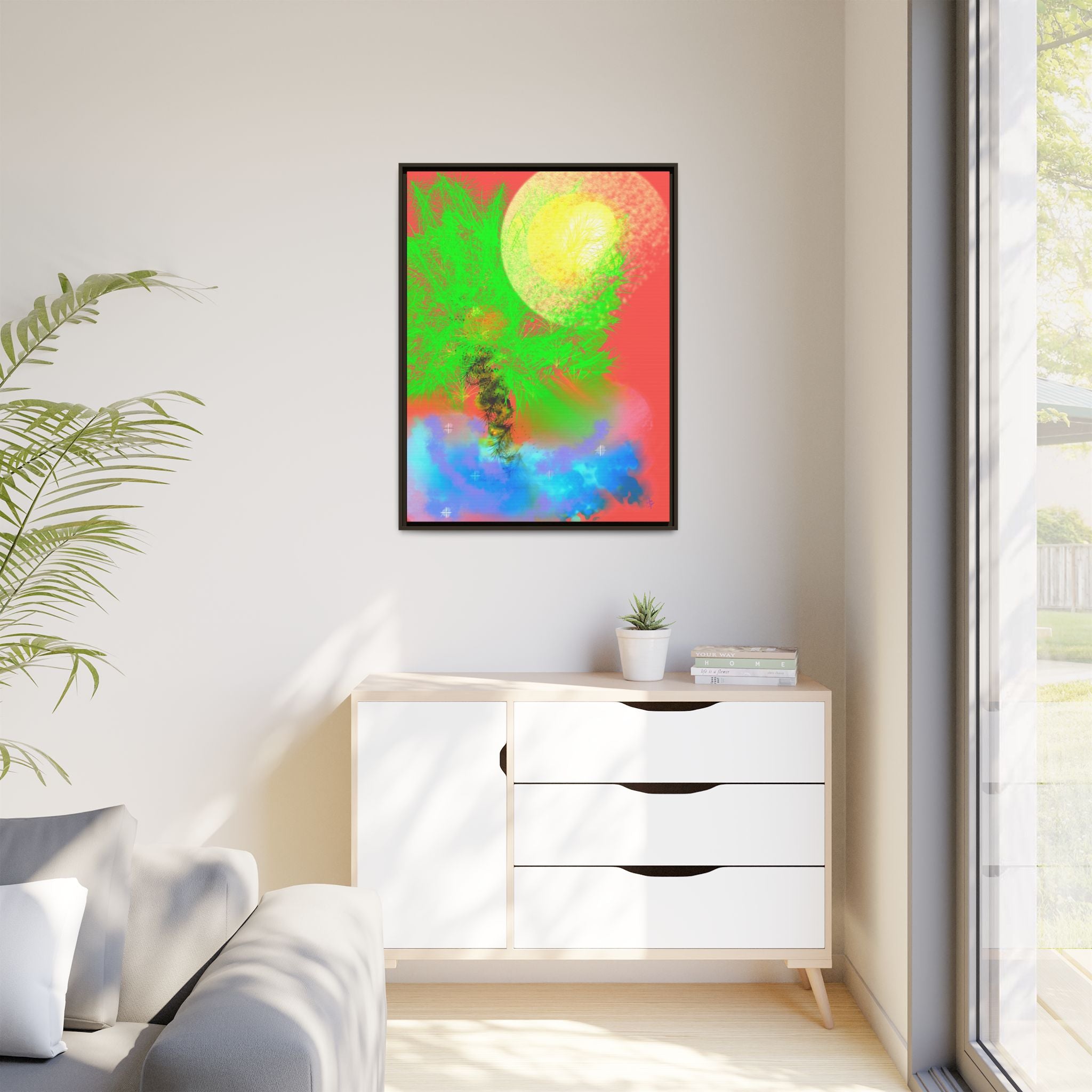Abstract Neon Tree Matte Canvas Framed Art — Vibrant Green Moon Landscape