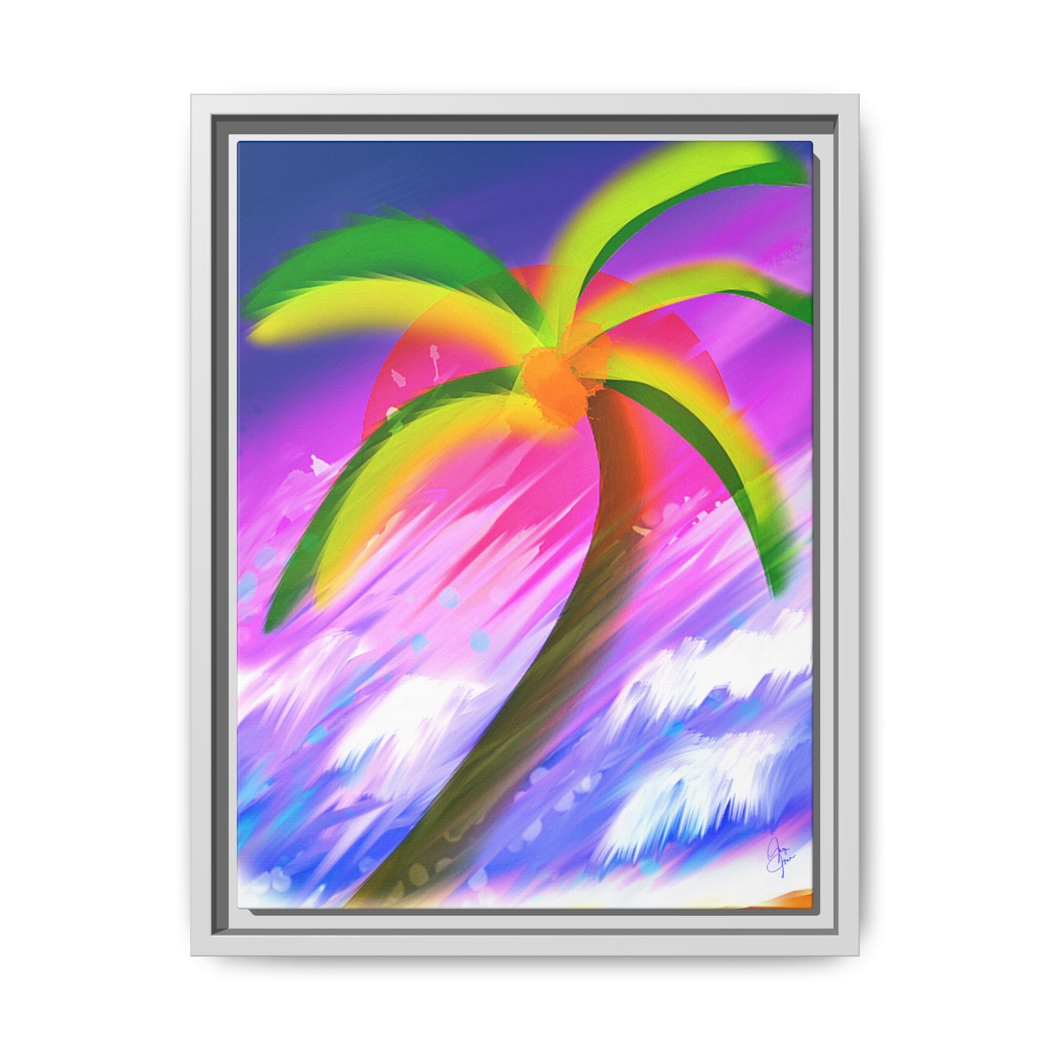 Framed Matte Canvas Print — Neon Palm Beach Art
