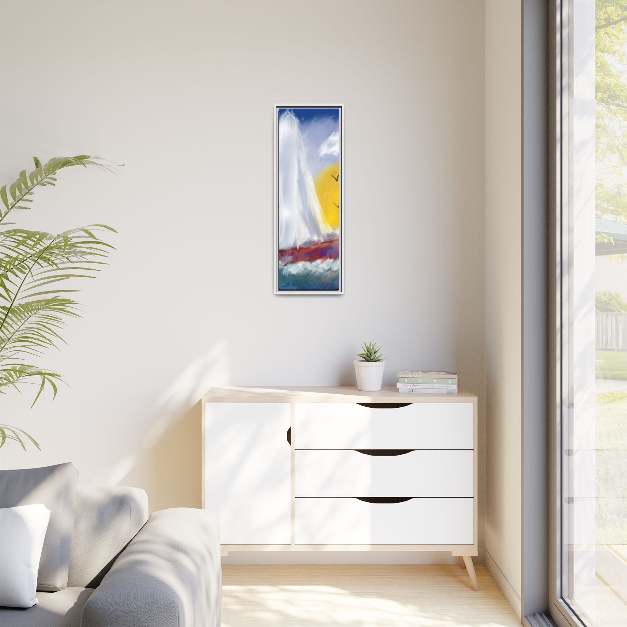 Sailboat Sunset Matte Framed Canvas Print — Coastal Seascape Wall Art