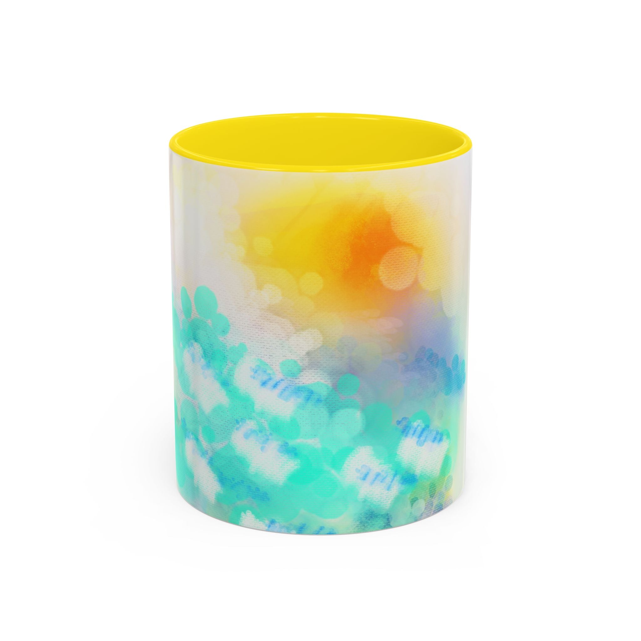 Sunrise Watercolor Accent Coffee Mug — Bright Abstract Teal & Yellow Ceramic