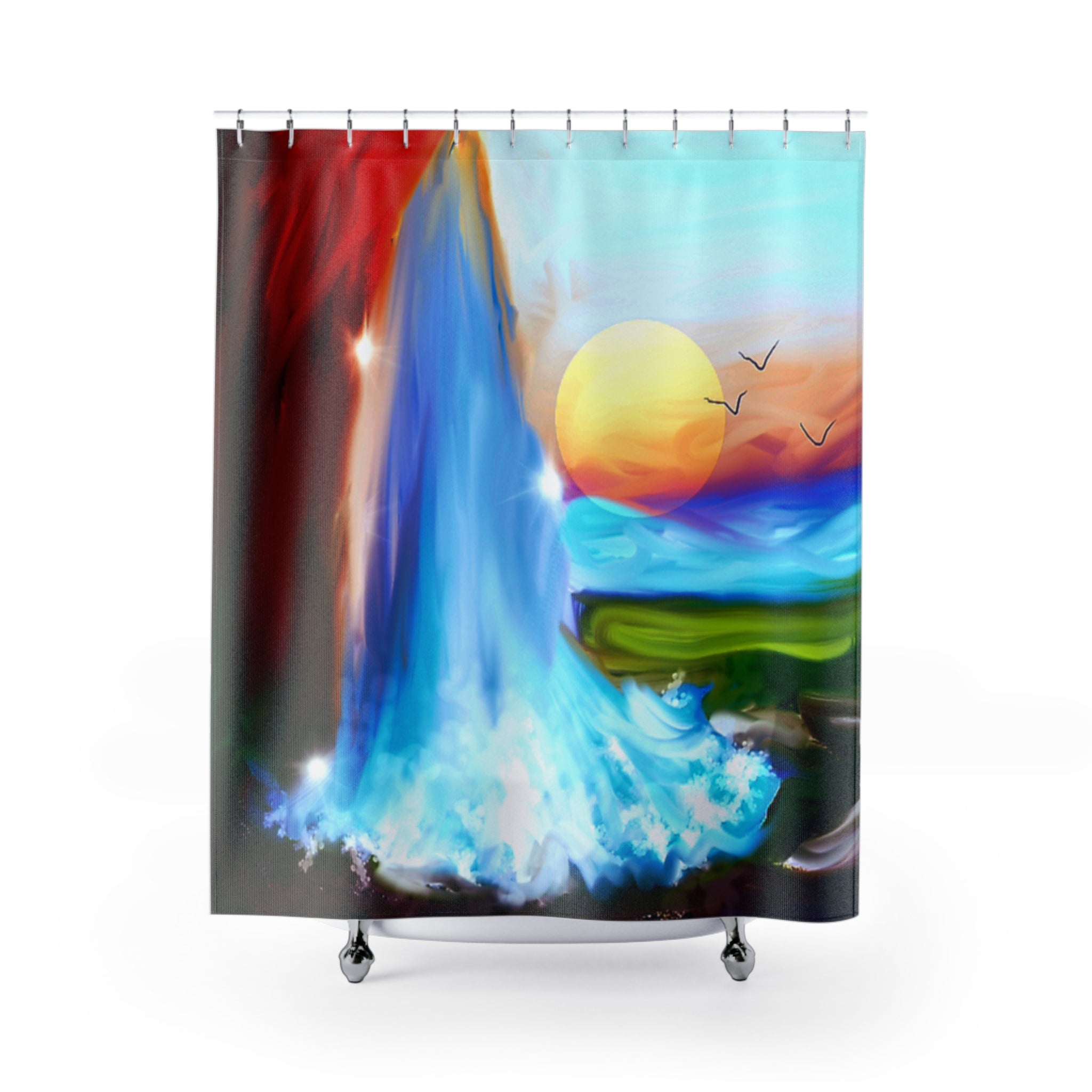 Sunset Waterfall Shower Curtain – Abstract Beachscape Bathroom Decor