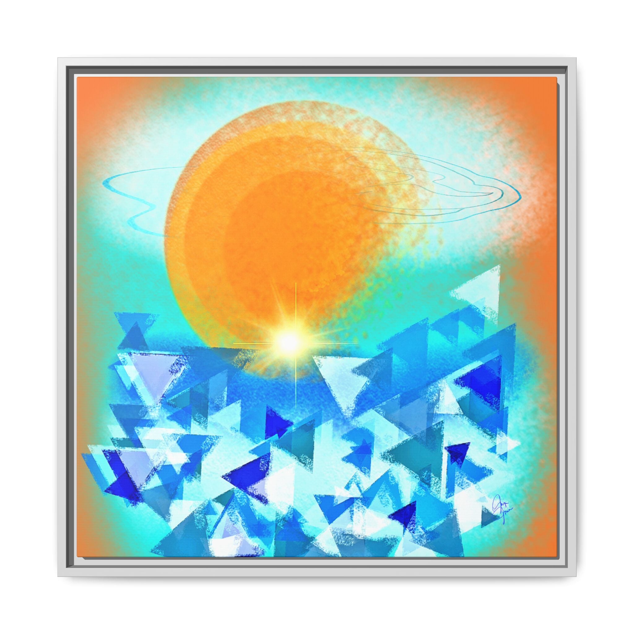Abstract Sunrise Framed Canvas Art – Orange Sun Over Blue Geometric Waves