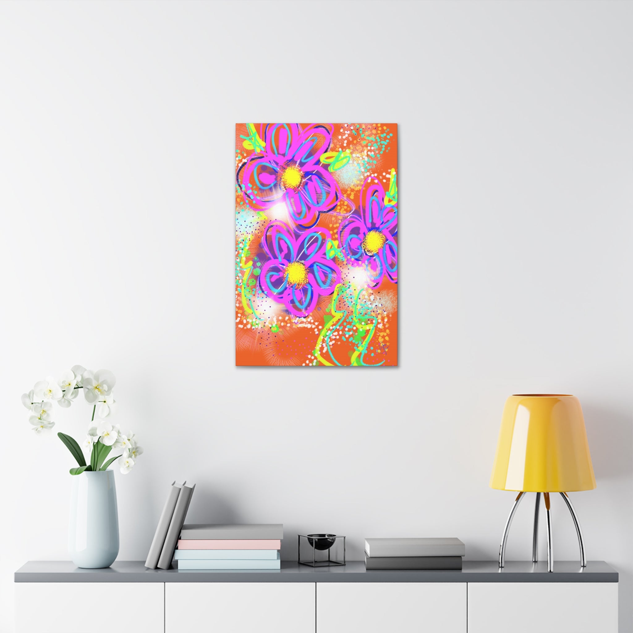Vibrant Neon Floral Canvas Print — Pink & Green Stretched Wall Art