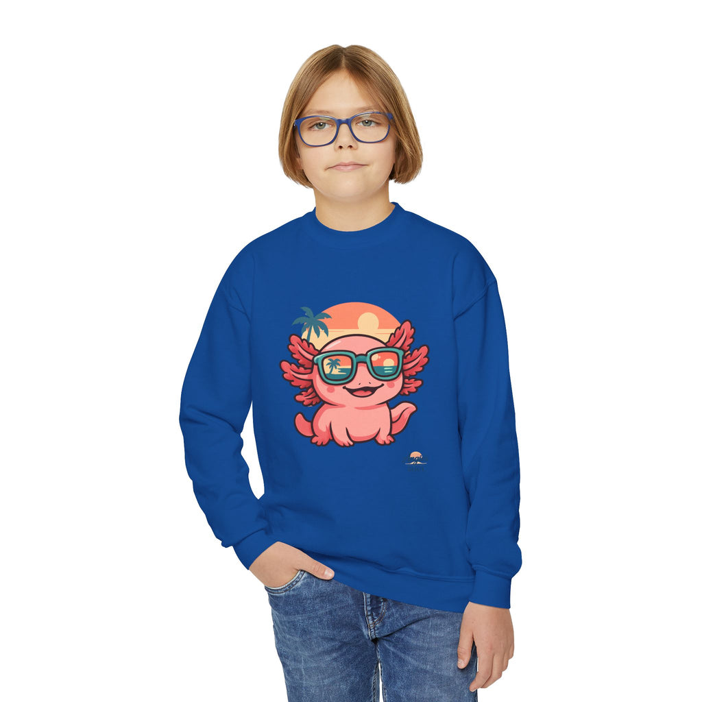Axolotl Crewneck Sweatshirt — Cute Pink Axolotl with Sunglasses & Sunset
