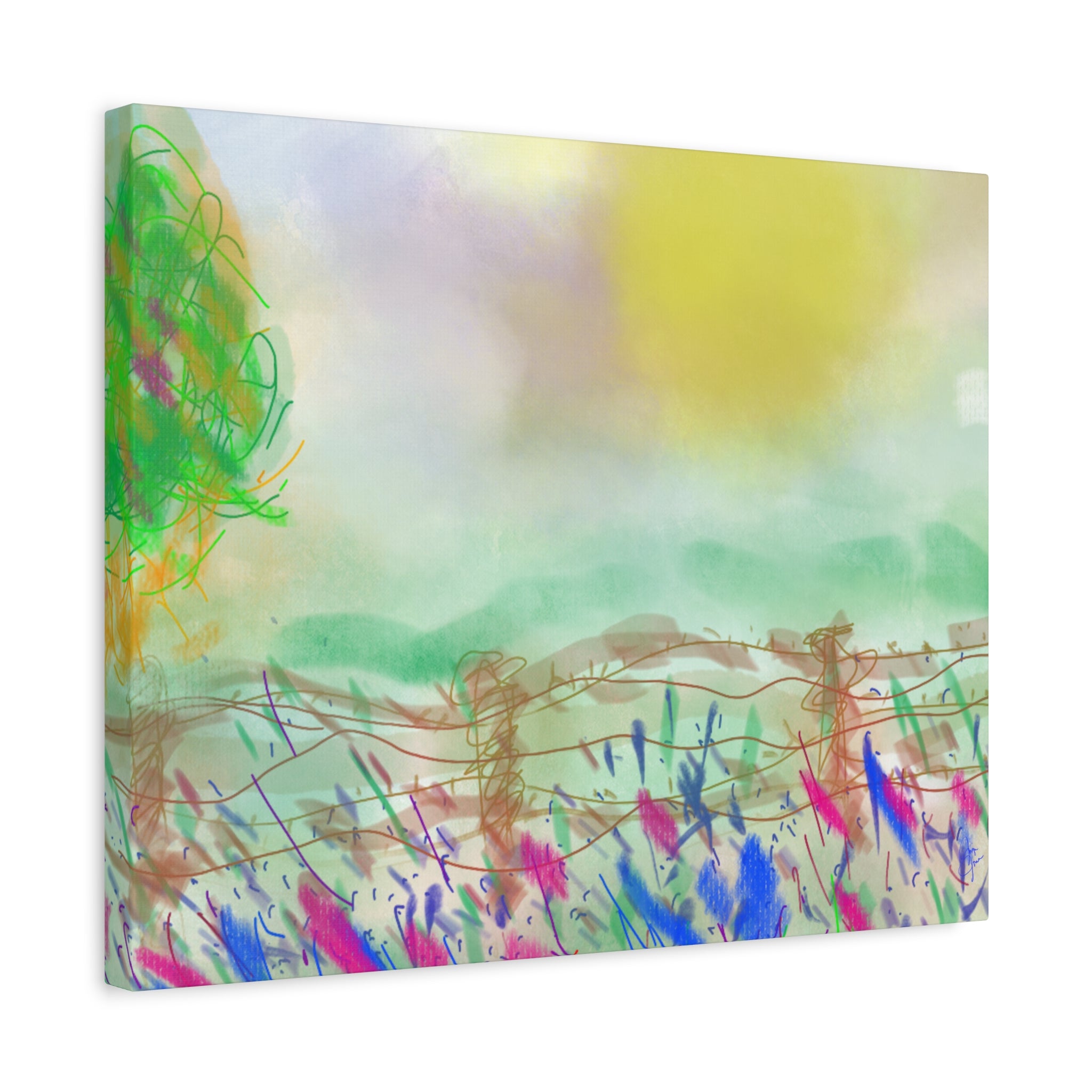 Sunlit Meadow Matte Canvas Wall Art — Pastel Landscape Stretched Canvas