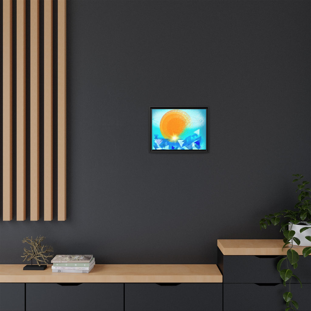 Abstract Sunrise Framed Canvas Art – Orange Sun Over Blue Geometric Waves