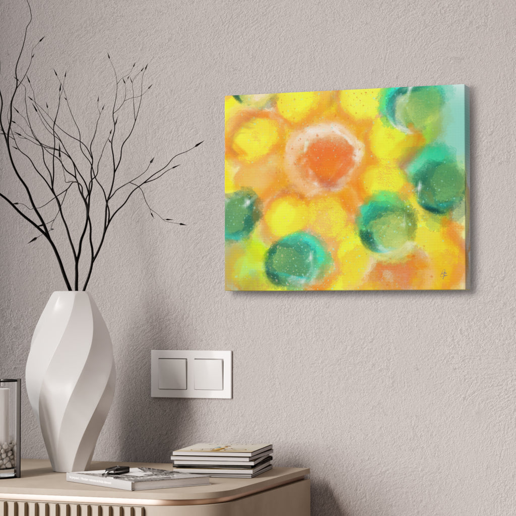 Abstract Sunshine Circles Canvas Art – Vibrant Yellow & Teal Stretched Wall Decor