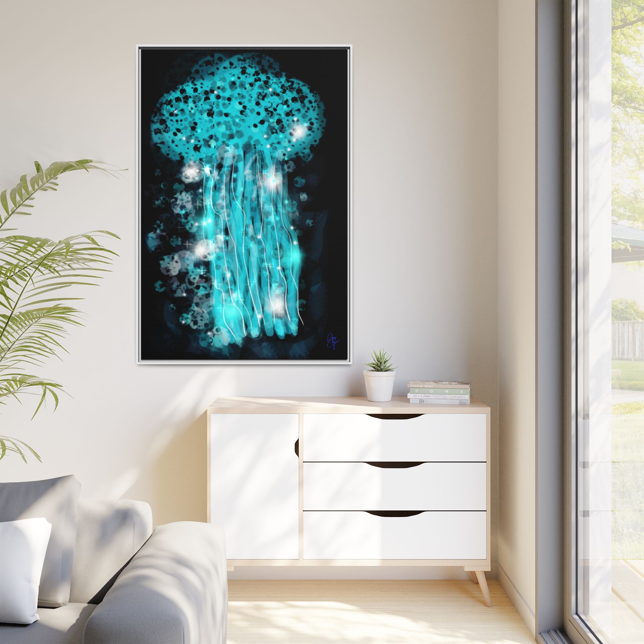 Glowing Jellyfish Art Print — Framed Matte Canvas