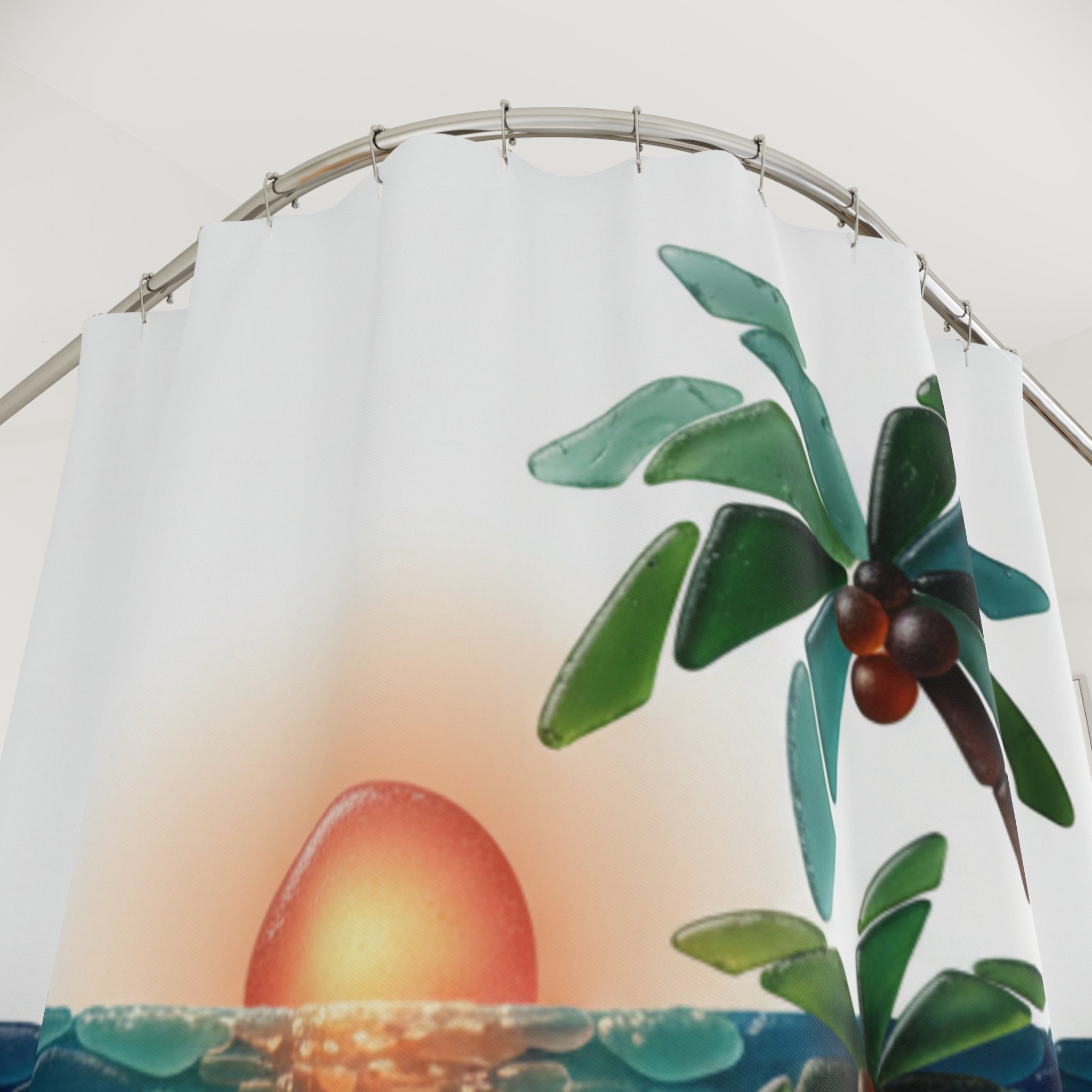 Sunset Palm Shower Curtain — Tropical Beach Waves Bathroom Decor