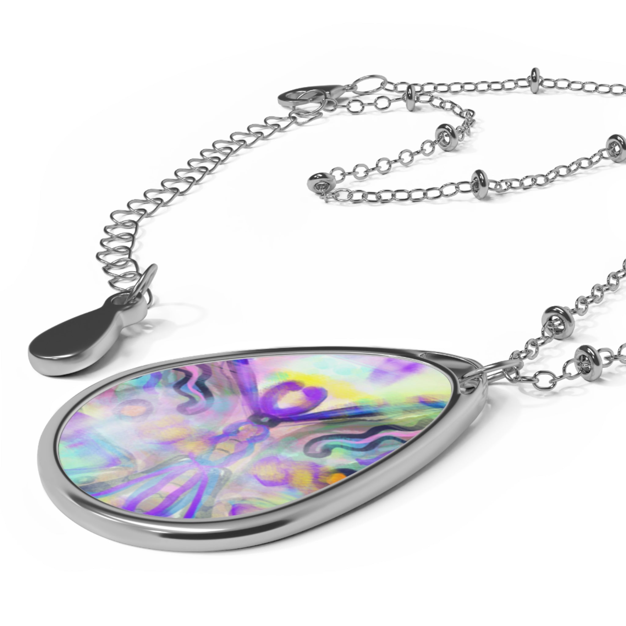 Iridescent Oval Pendant Necklace – Abalone Teardrop Chain