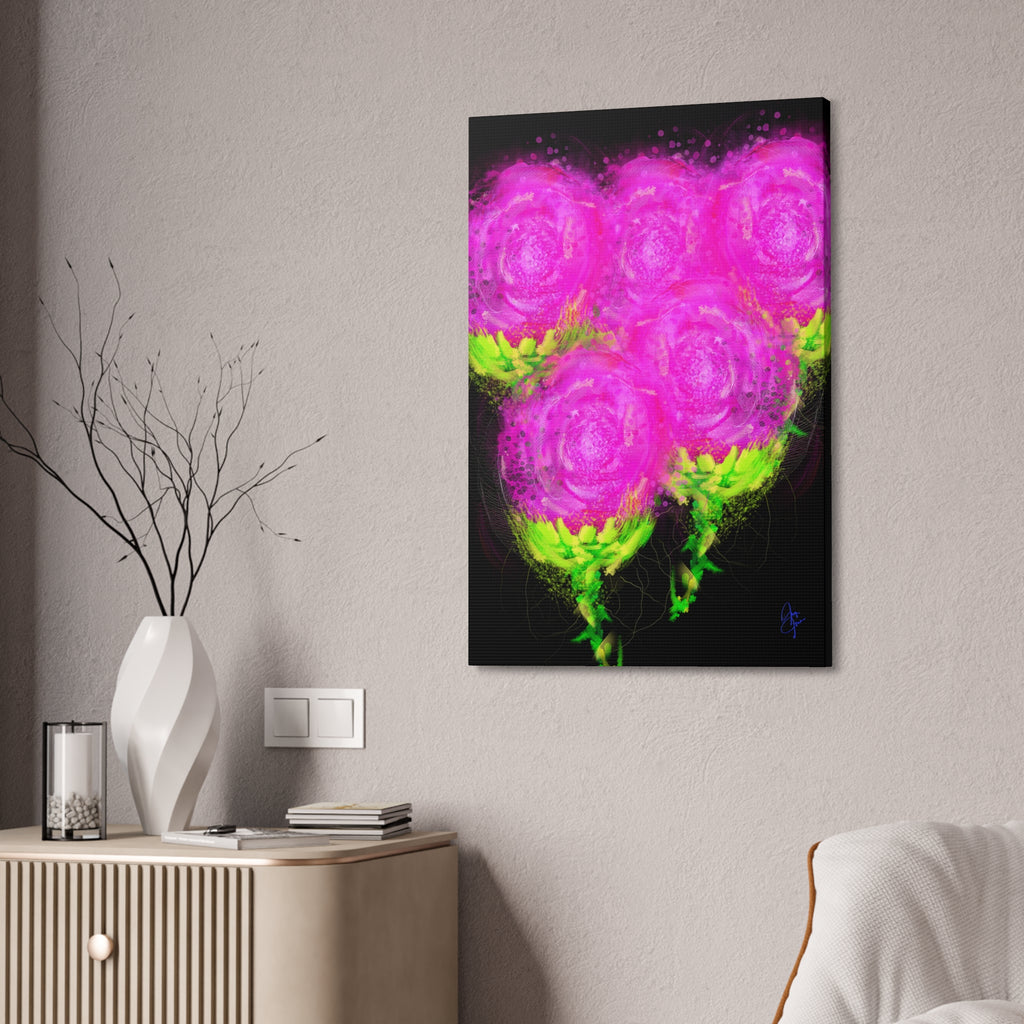 Bright Pink Floral Canvas Print — Modern Abstract Rose Wall Art (Stretched Canvas)