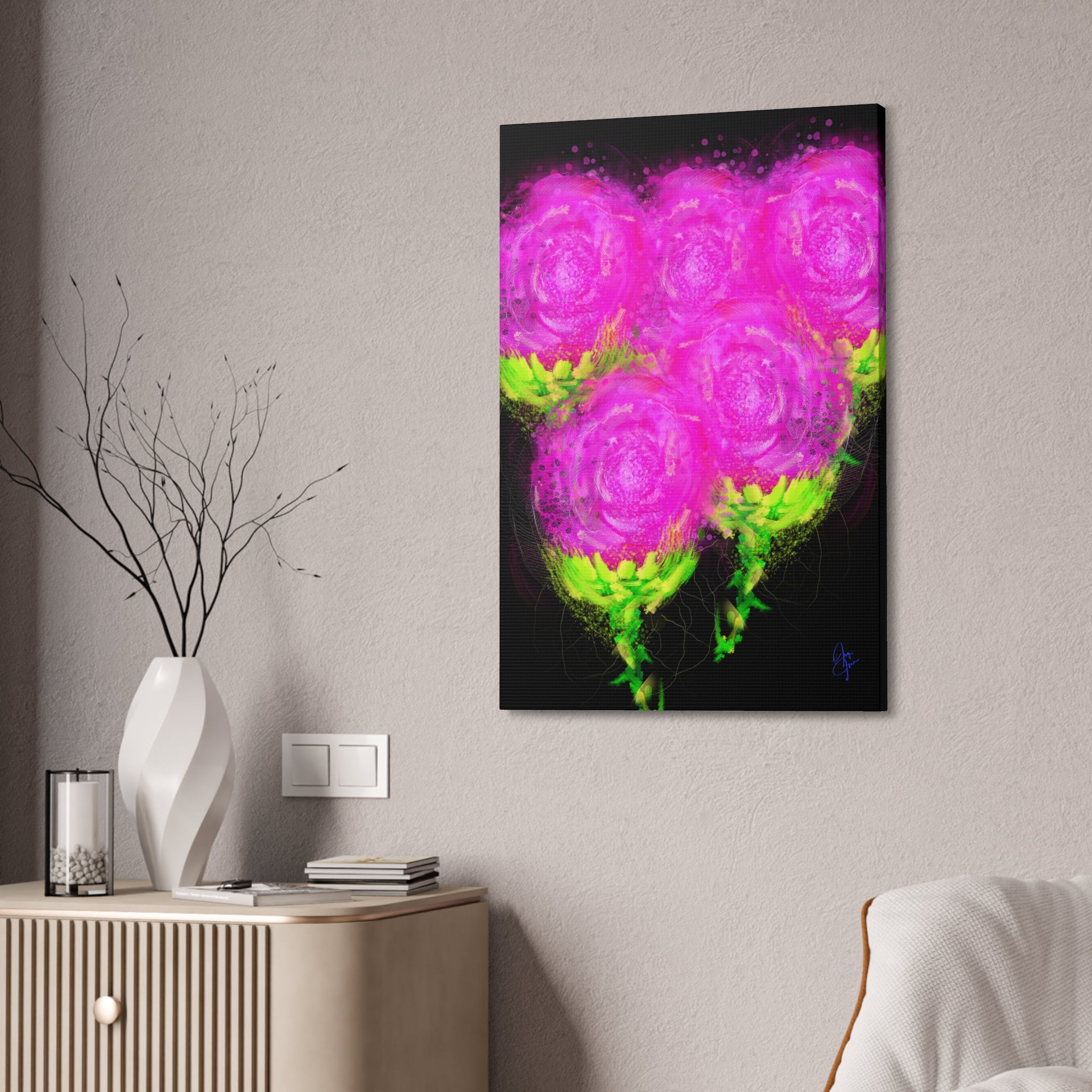 Bright Pink Floral Canvas Print — Modern Abstract Rose Wall Art (Stretched Canvas)