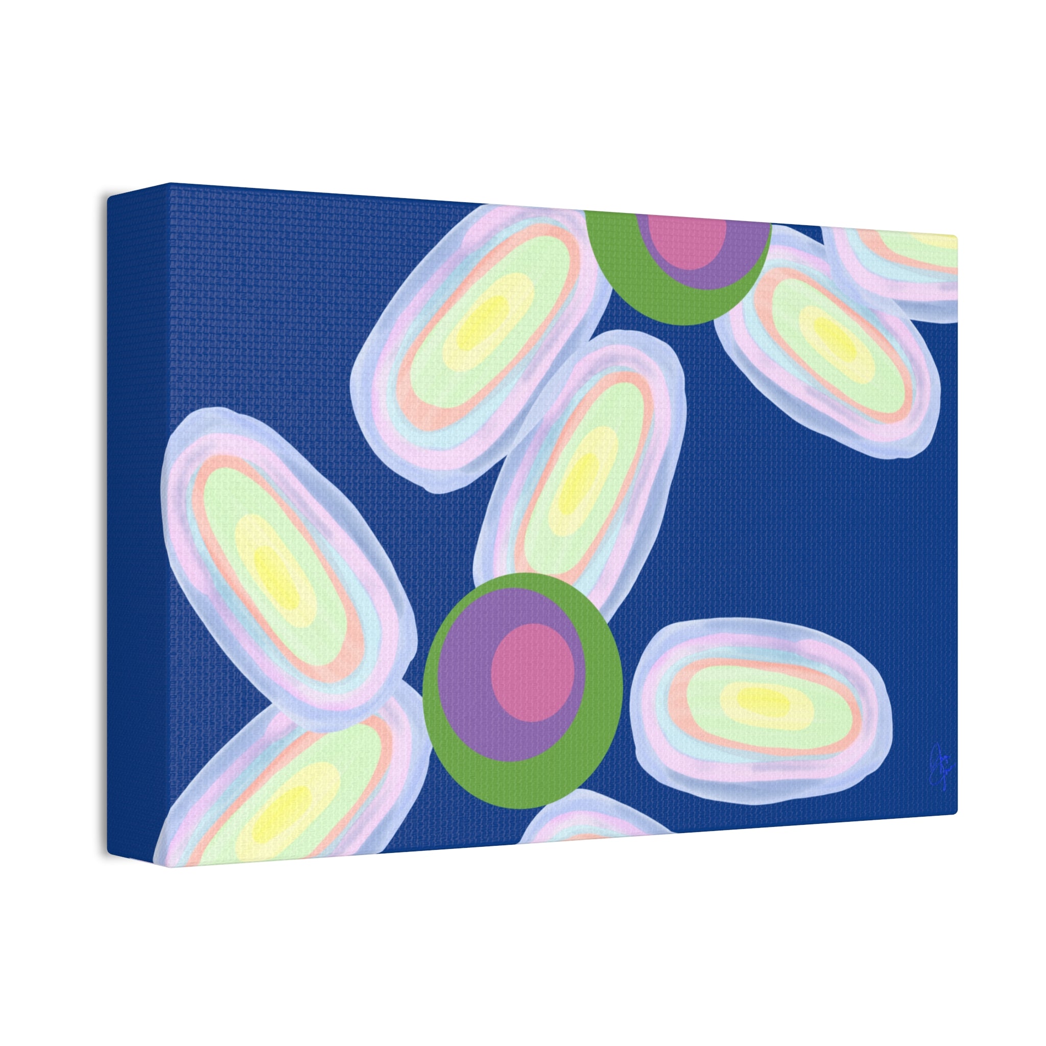 Abstract Pastel Daisy Canvas Print — Modern Floral Wall Art on Deep Blue