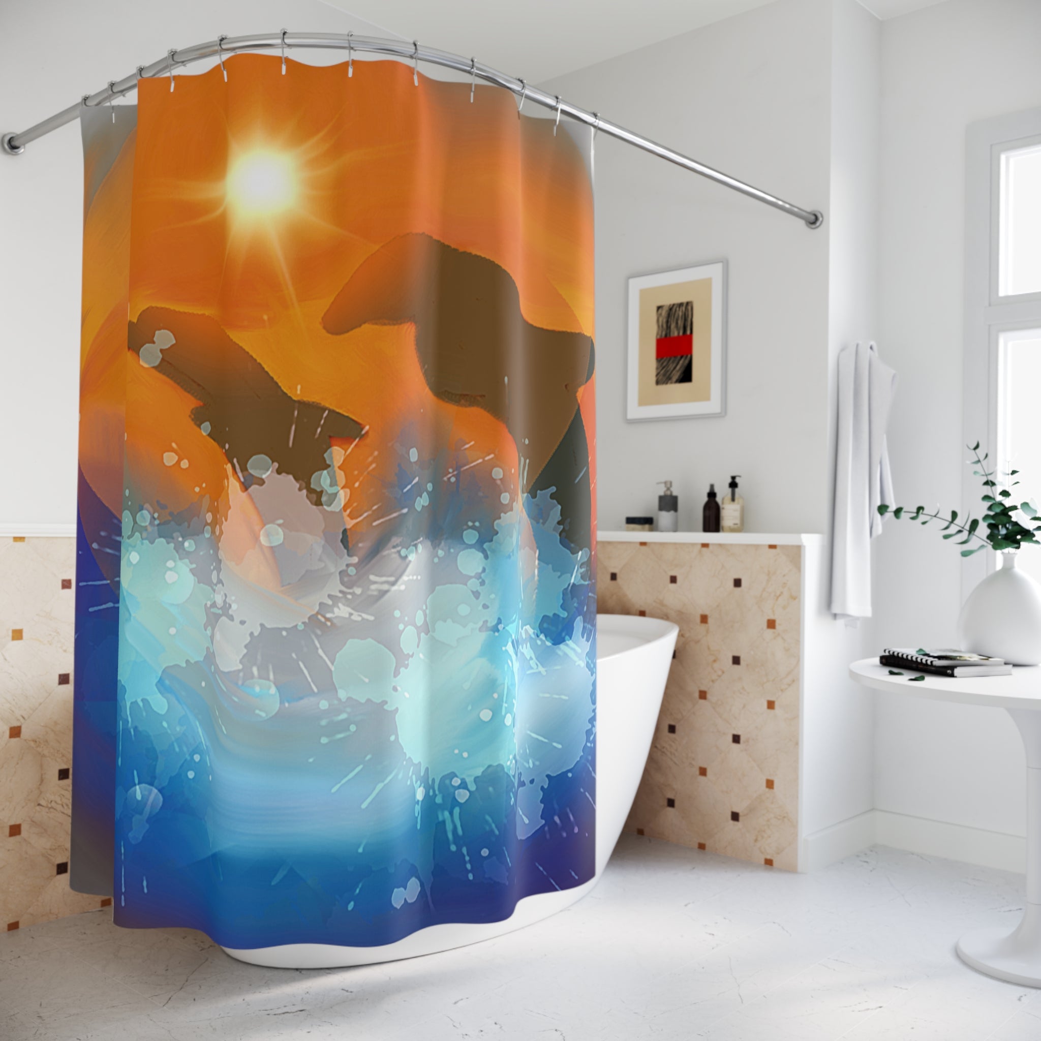 Dolphin Sunset Shower Curtain — Ocean Splash Silhouette Bath Decor