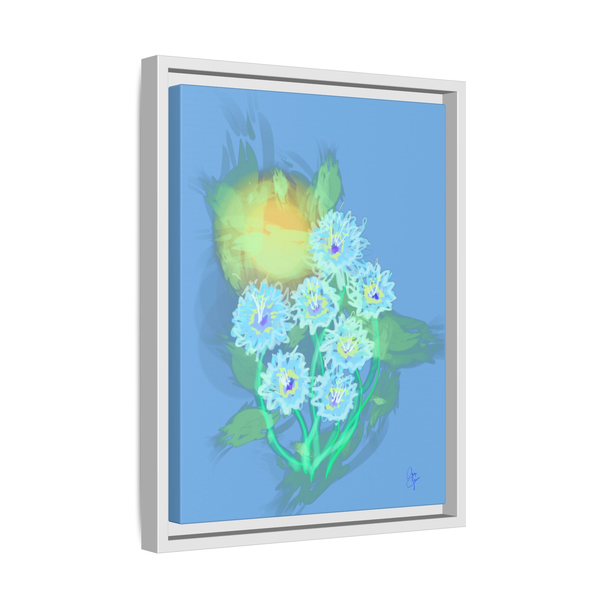 Framed Floral Canvas Art — Blue & Yellow Abstract Bouquet (Matte)