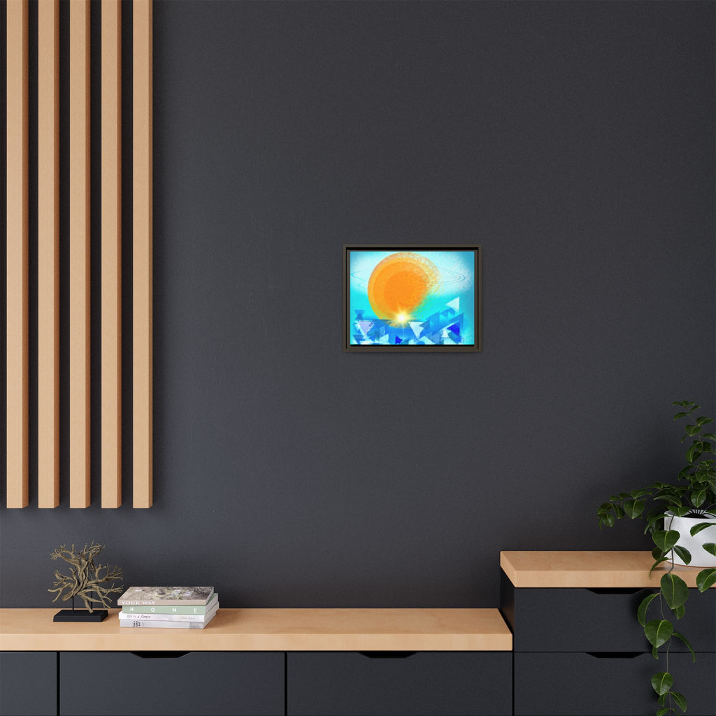 Abstract Sunrise Framed Canvas Art – Orange Sun Over Blue Geometric Waves
