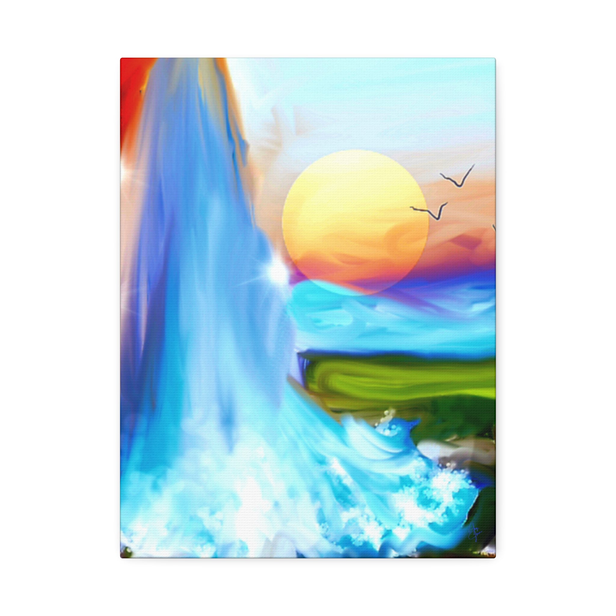 Waterfall Sunset Canvas Art – Vibrant Nature Wall Decor