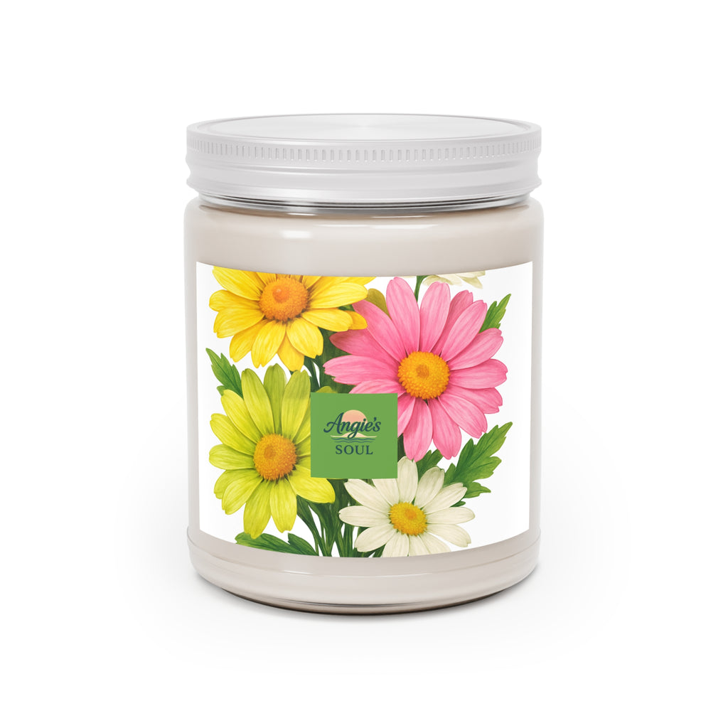Floral Soy Candle 9oz — Scented Jar Candle with Pink & Yellow Daisy Design