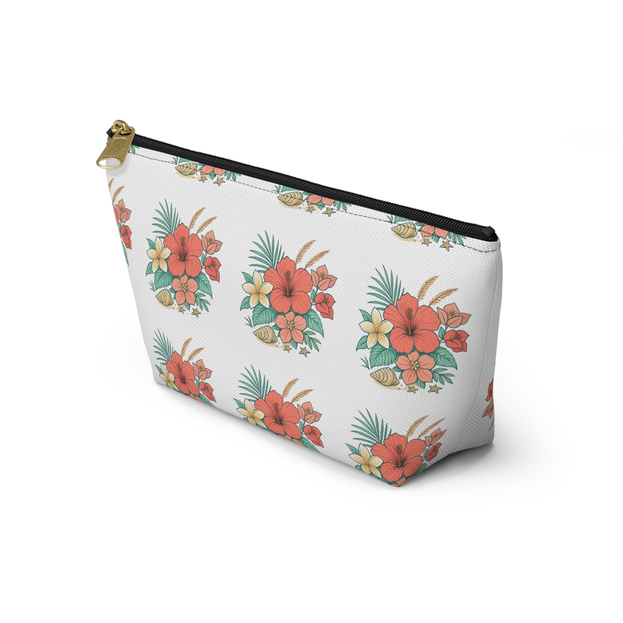 Tropical Floral Accessory Pouch — Hibiscus Cosmetic Bag with T-Bottom
