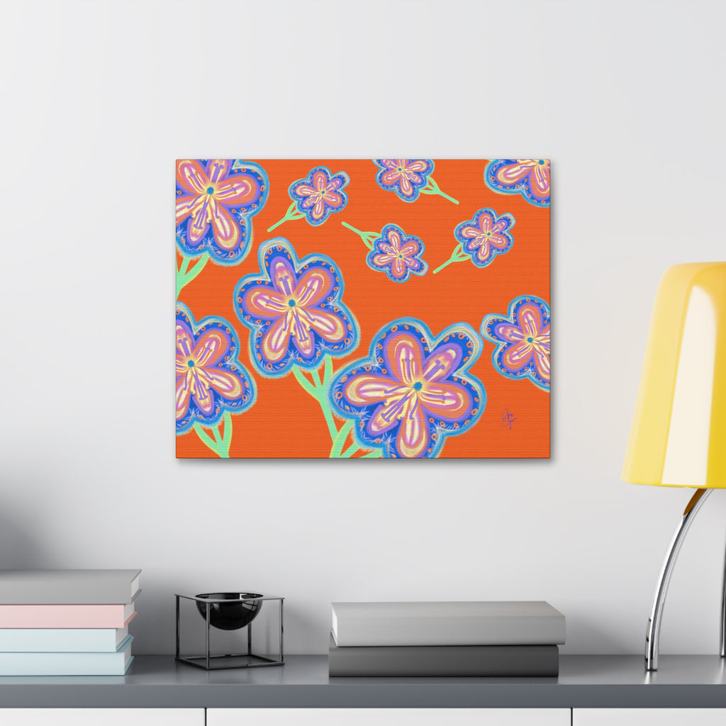 Floral Pop Canvas — Bright Blue Hand-Drawn Flowers Stretched Canvas