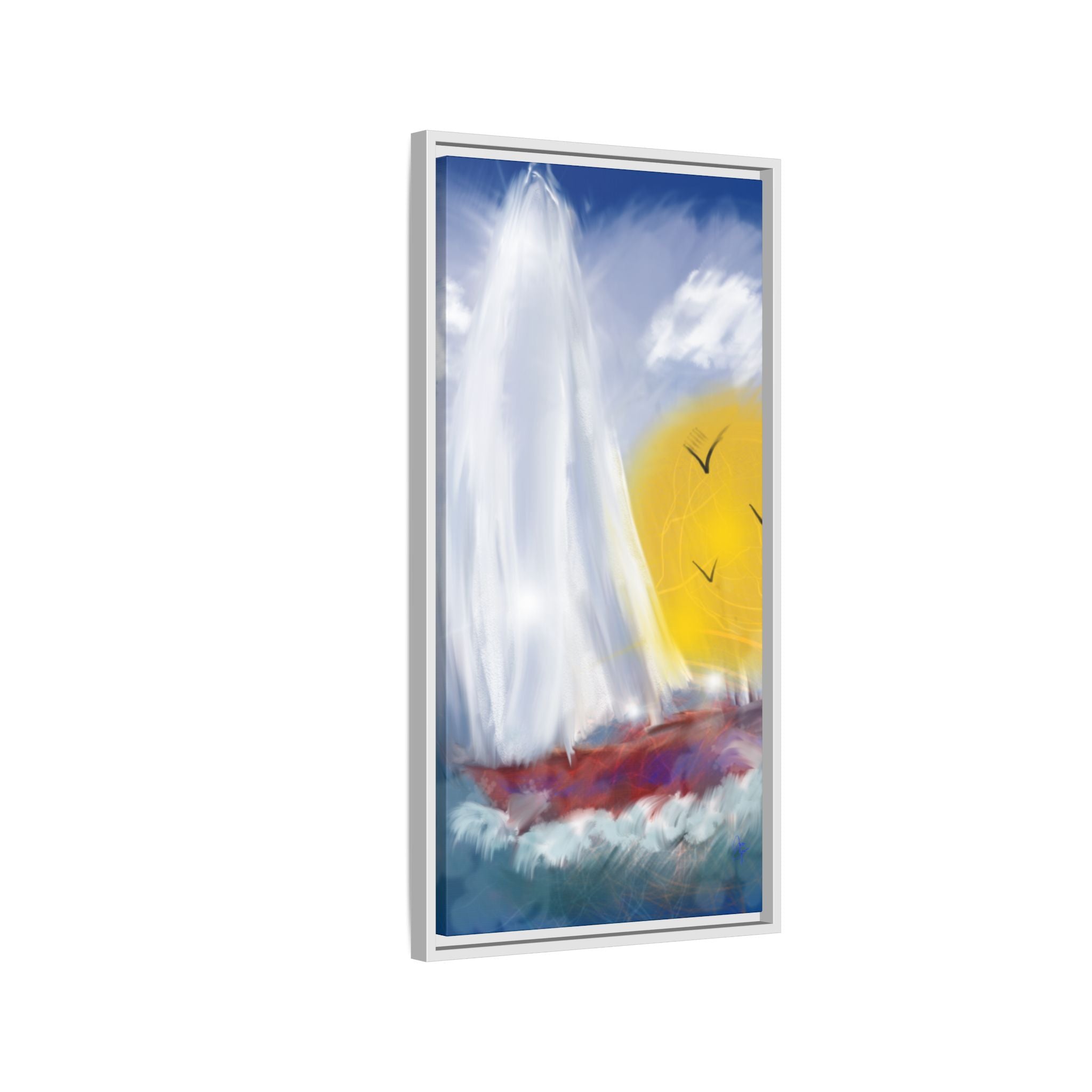 Sailboat Sunset Matte Framed Canvas Print — Coastal Seascape Wall Art