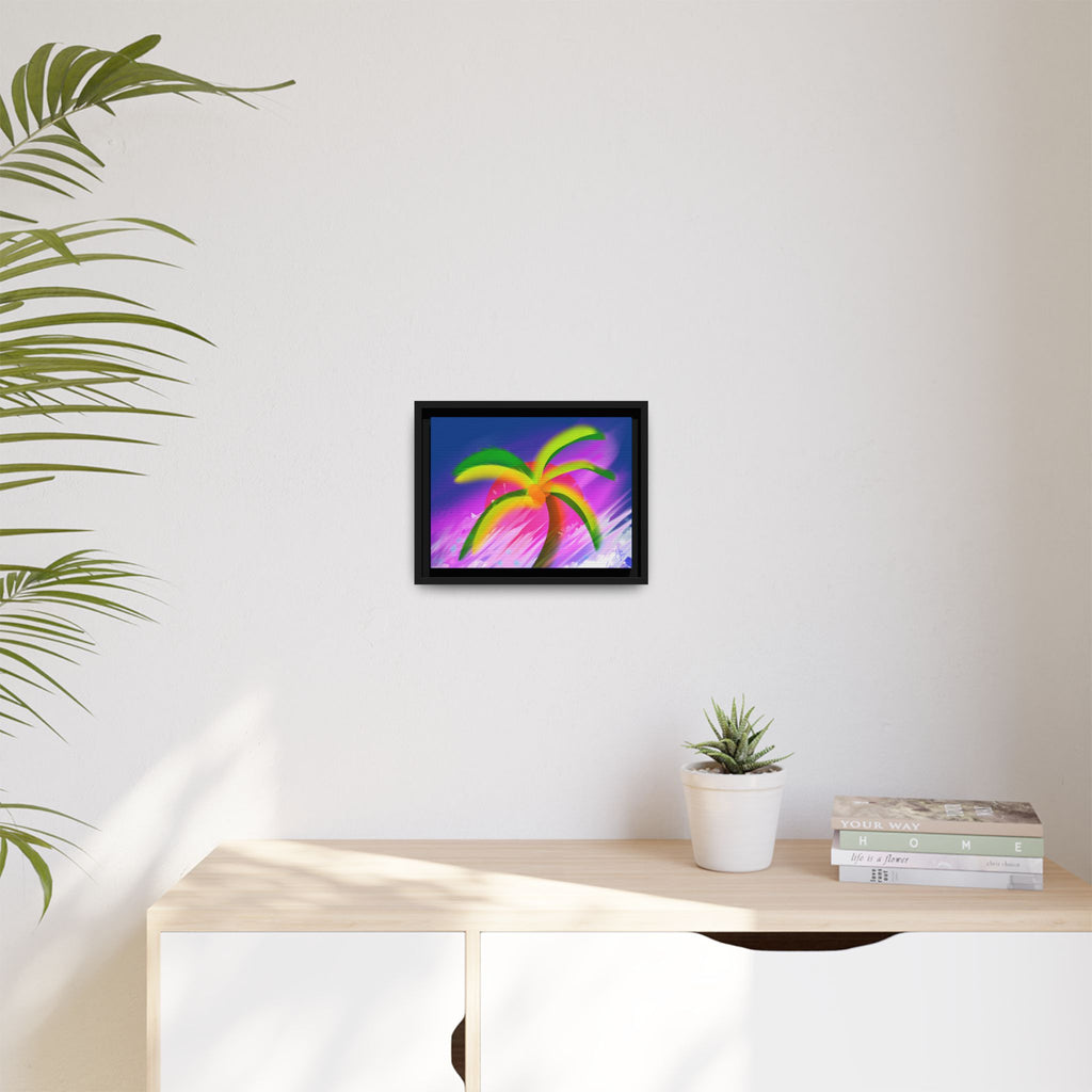 Framed Matte Canvas Print — Neon Palm Beach Art