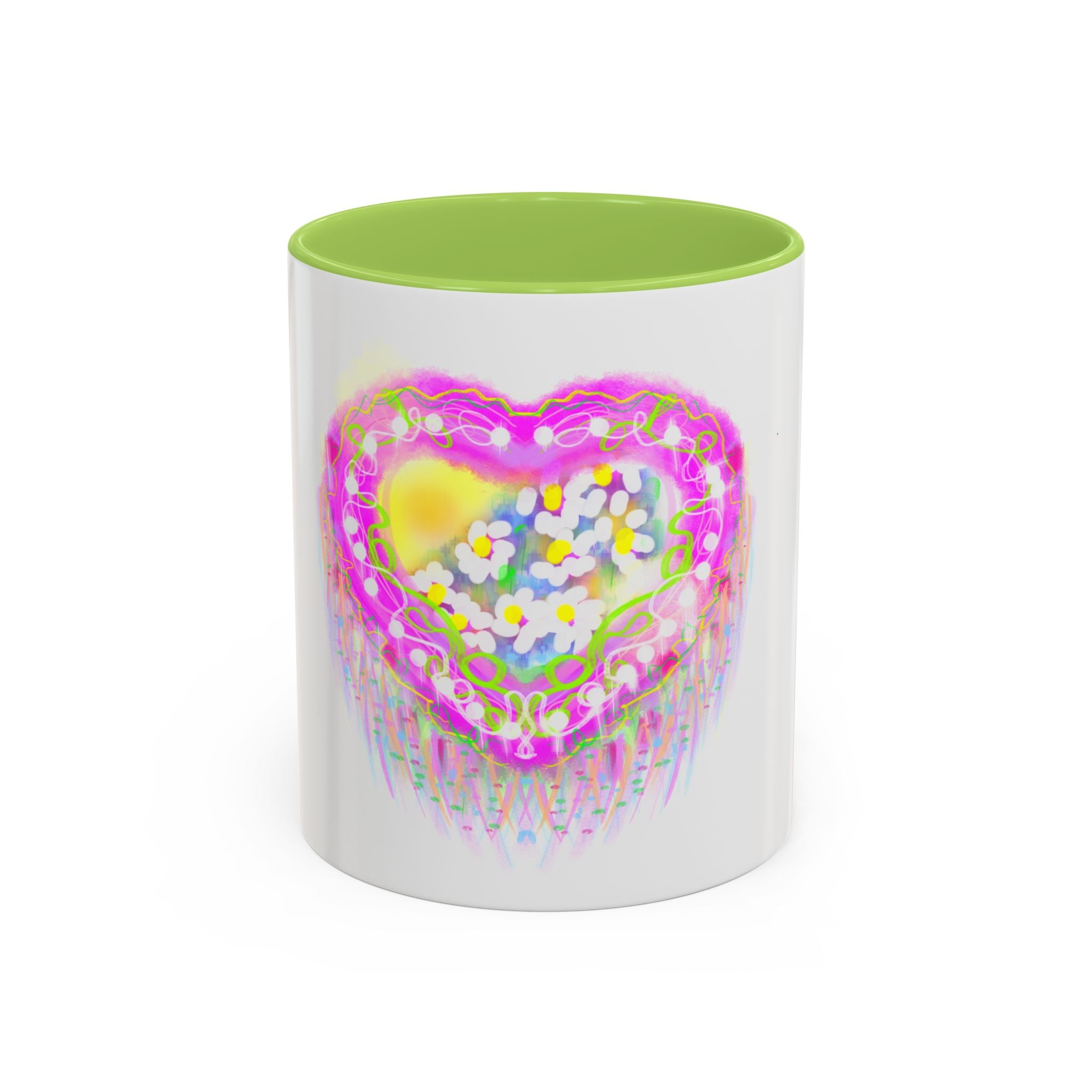 Pink Heart Floral Coffee Mug — Cute Pastel Accent Mug with Daisy Heart Design
