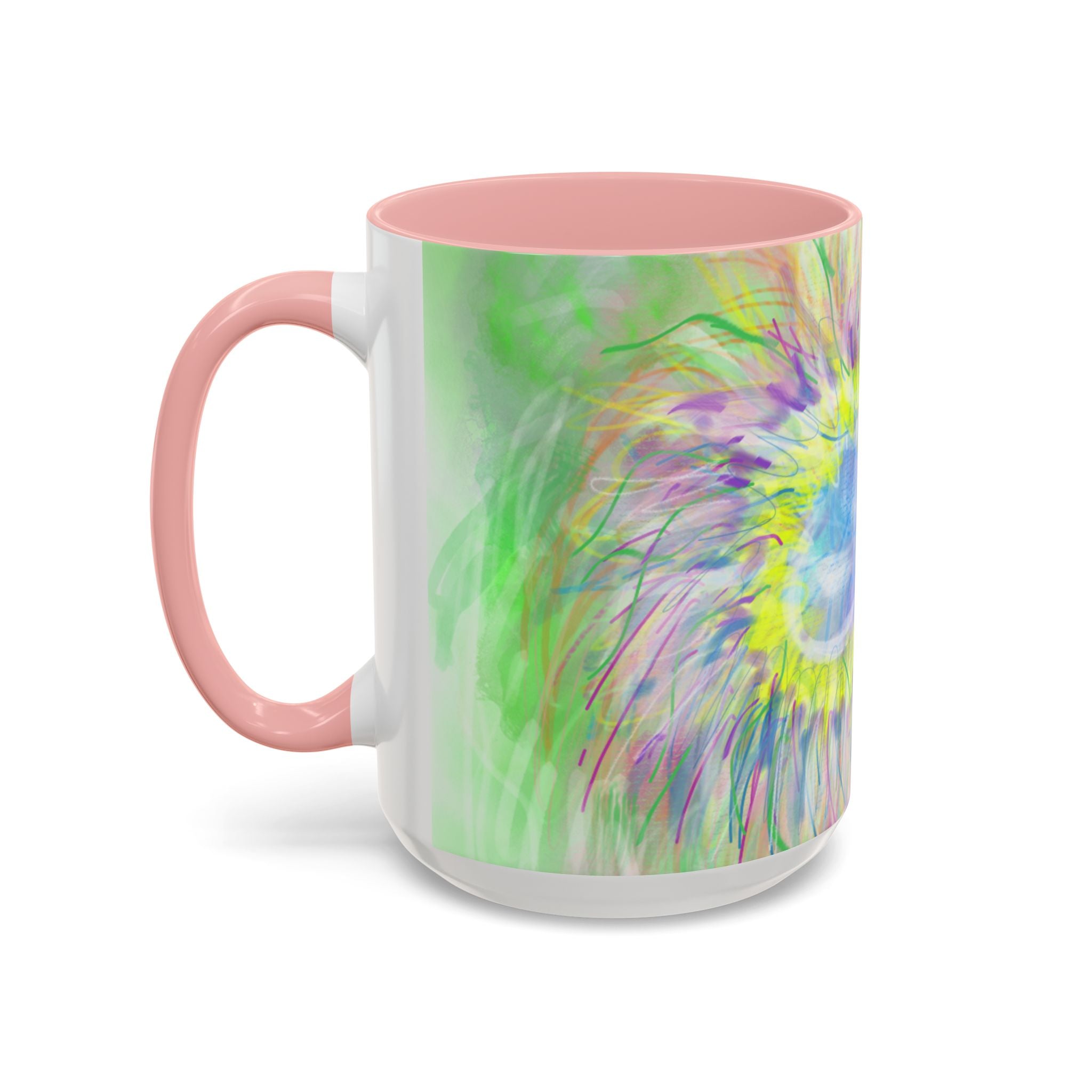 Colorful Sunflower Accent Coffee Mug — Pink Inner Artistic Floral Design (11/15 oz)
