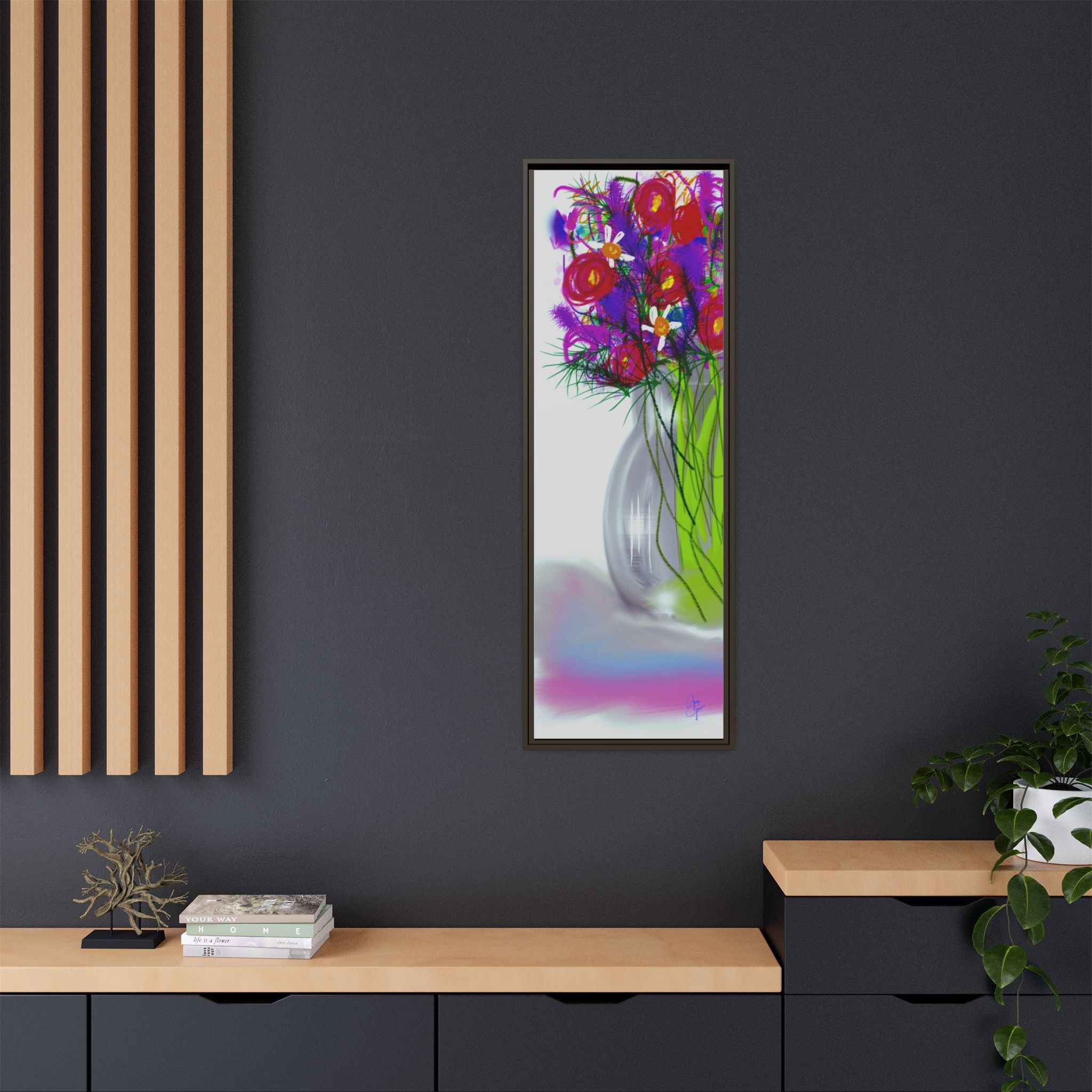 Framed Floral Bouquet Matte Canvas Wall Art — Colorful Abstract Flowers in Vase