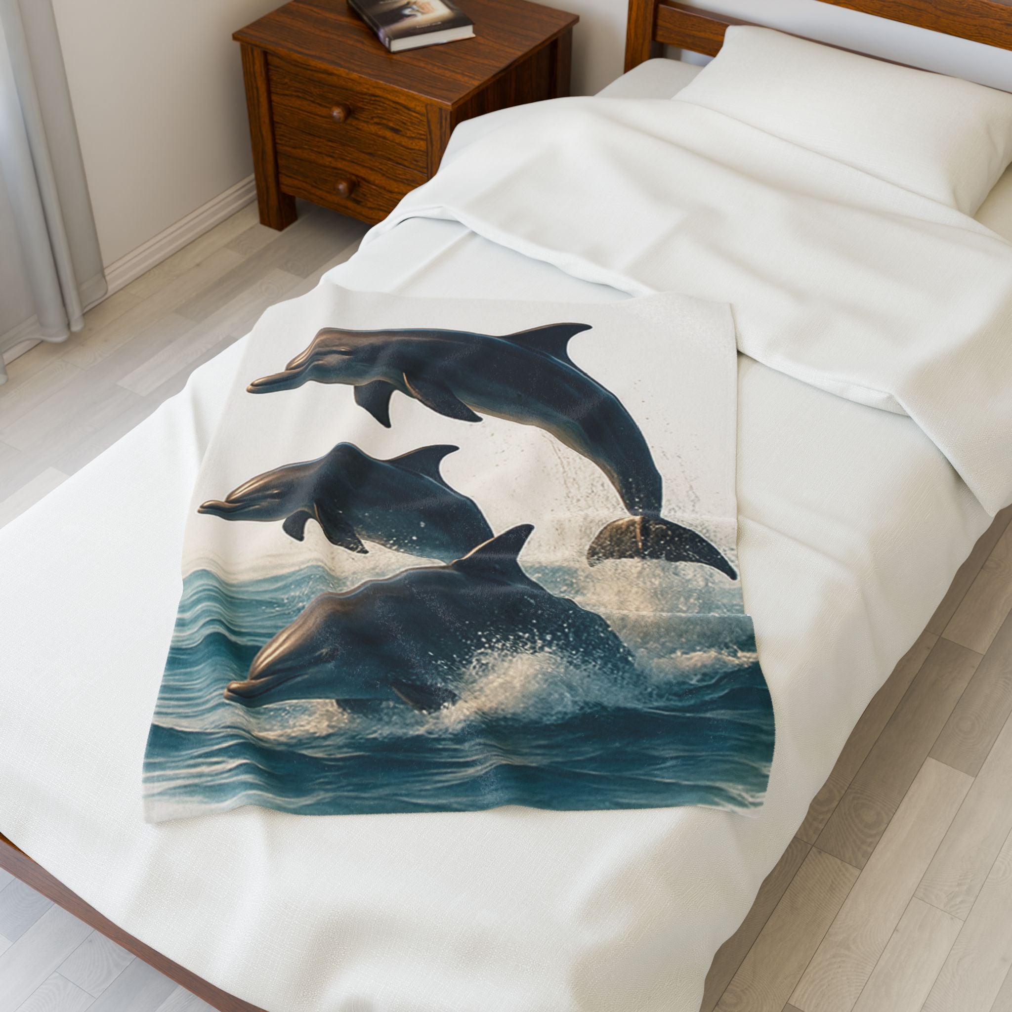 Dolphin Velveteen Plush Blanket — Soft Ocean Jumping Dolphins Throw
