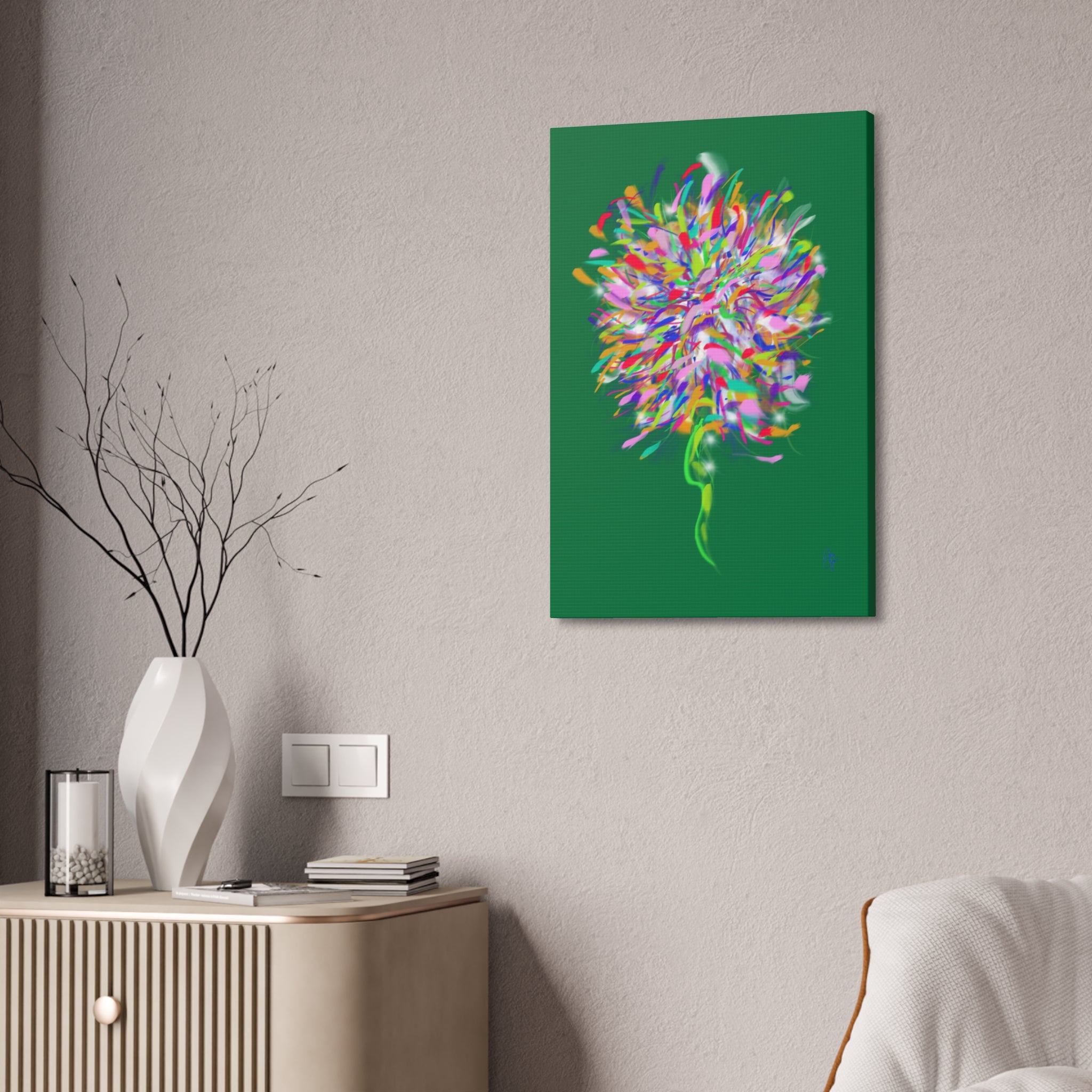 Abstract Floral Burst Canvas Print — Colorful Flower Wall Art on Deep Blue