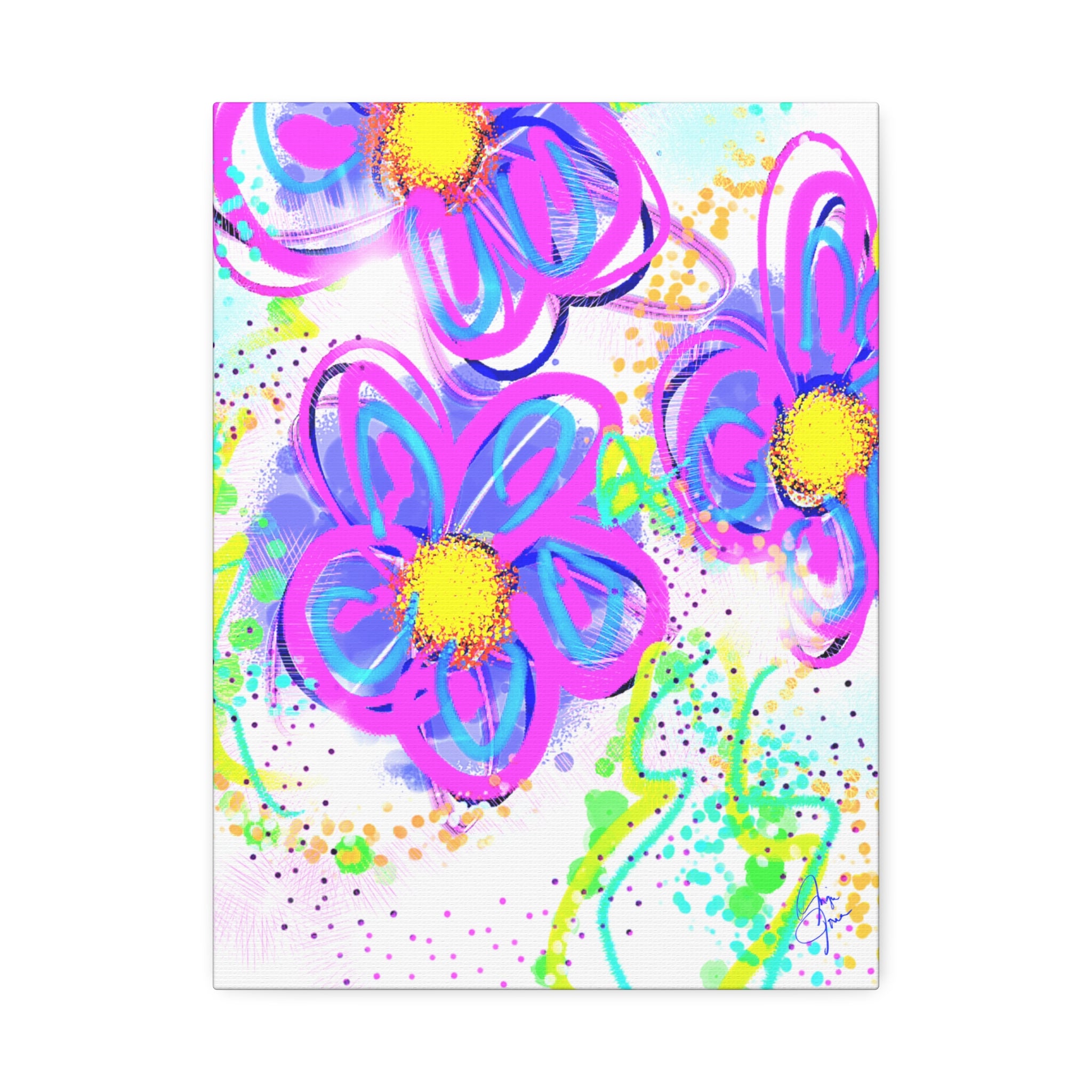 Vibrant Neon Floral Canvas Print — Pink & Green Stretched Wall Art
