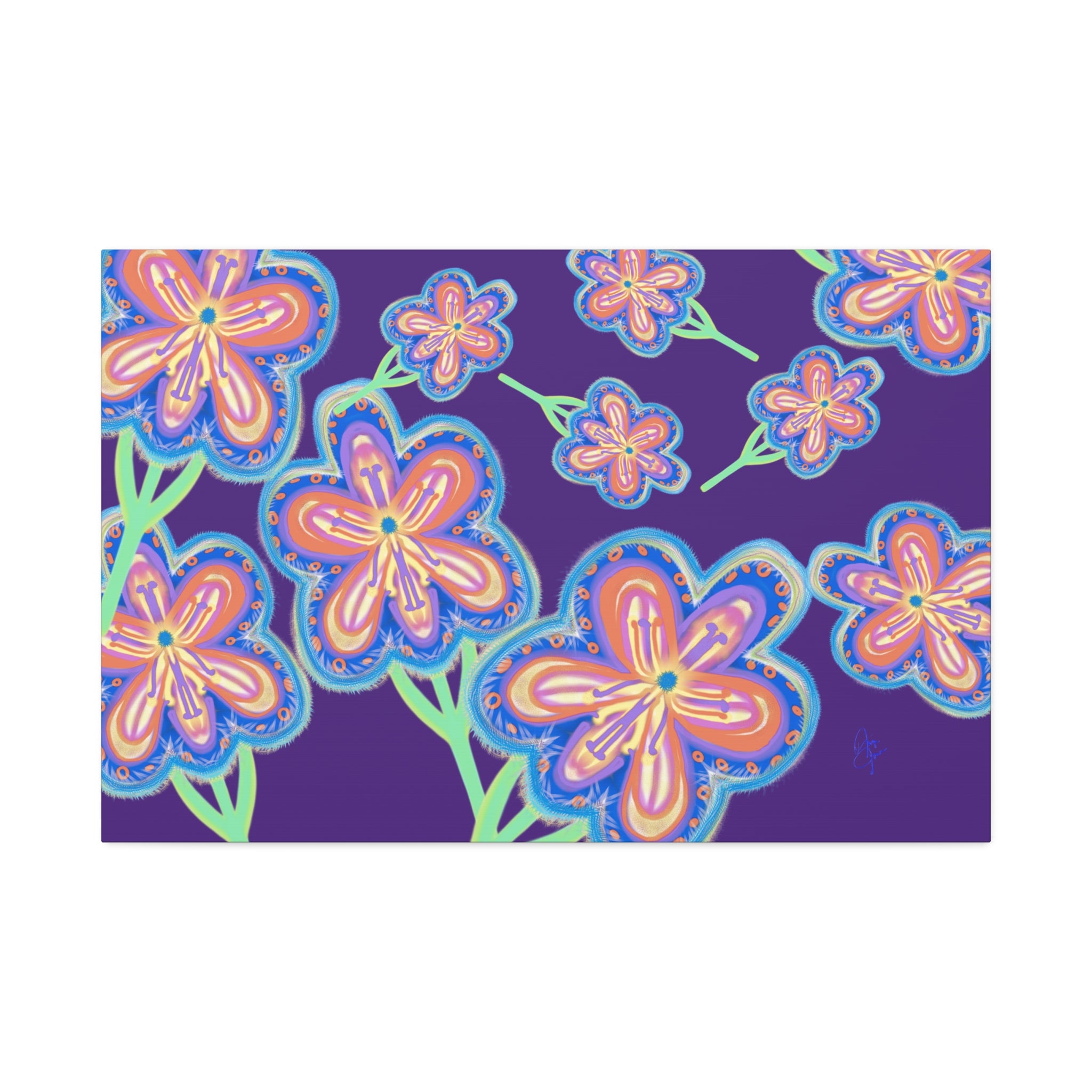 Floral Pop Canvas — Bright Blue Hand-Drawn Flowers Stretched Canvas