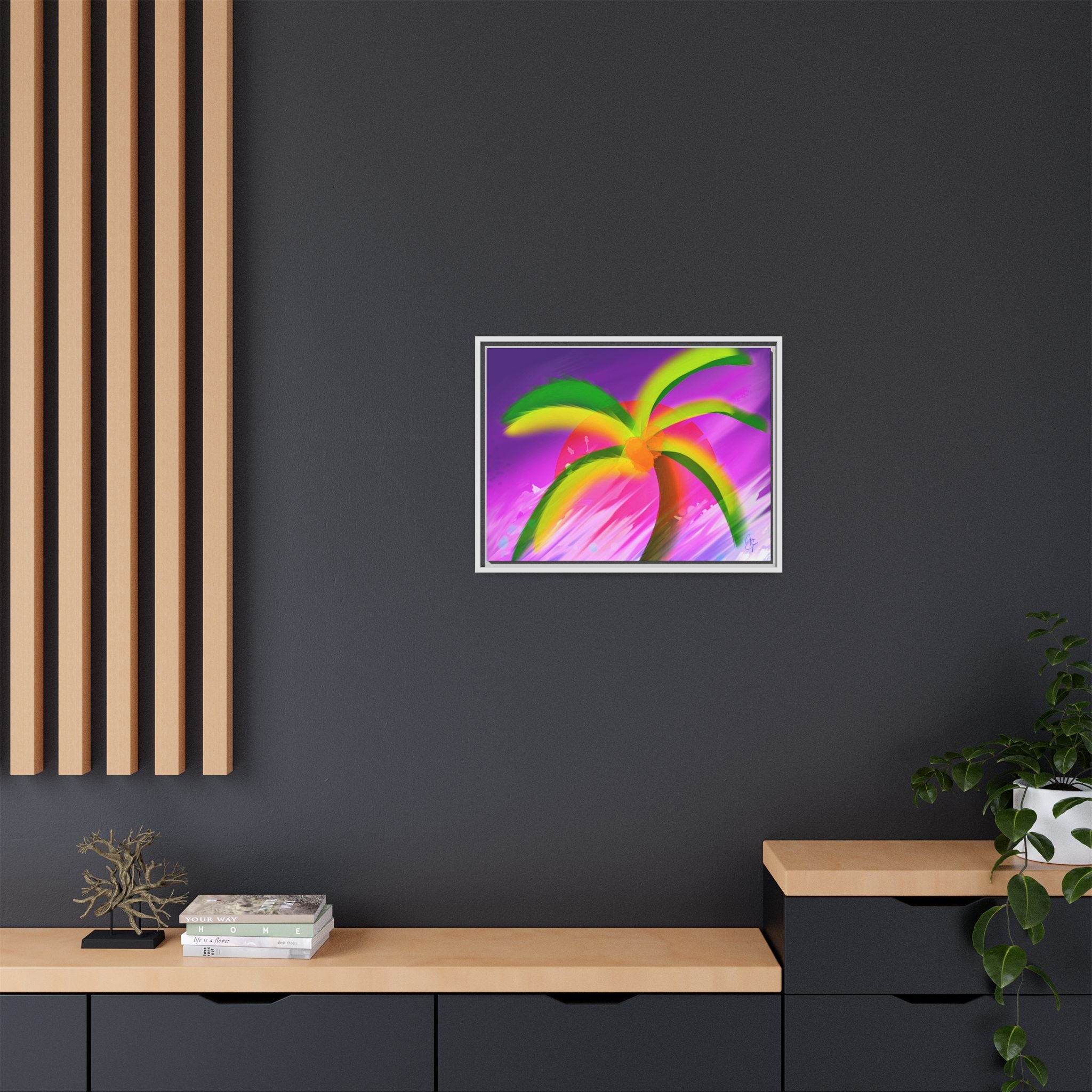 Framed Matte Canvas Print — Neon Palm Beach Art
