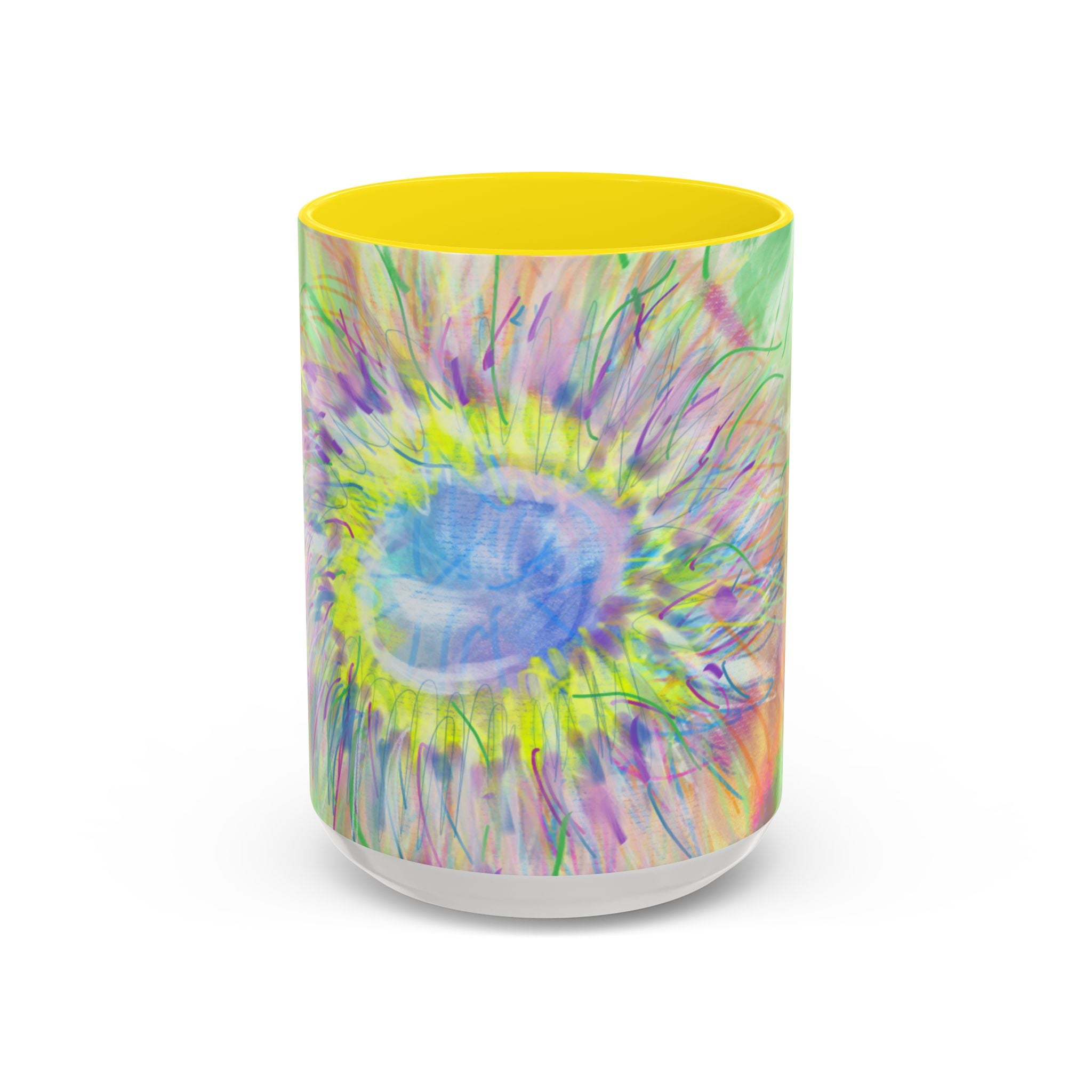 Colorful Sunflower Accent Coffee Mug — Pink Inner Artistic Floral Design (11/15 oz)