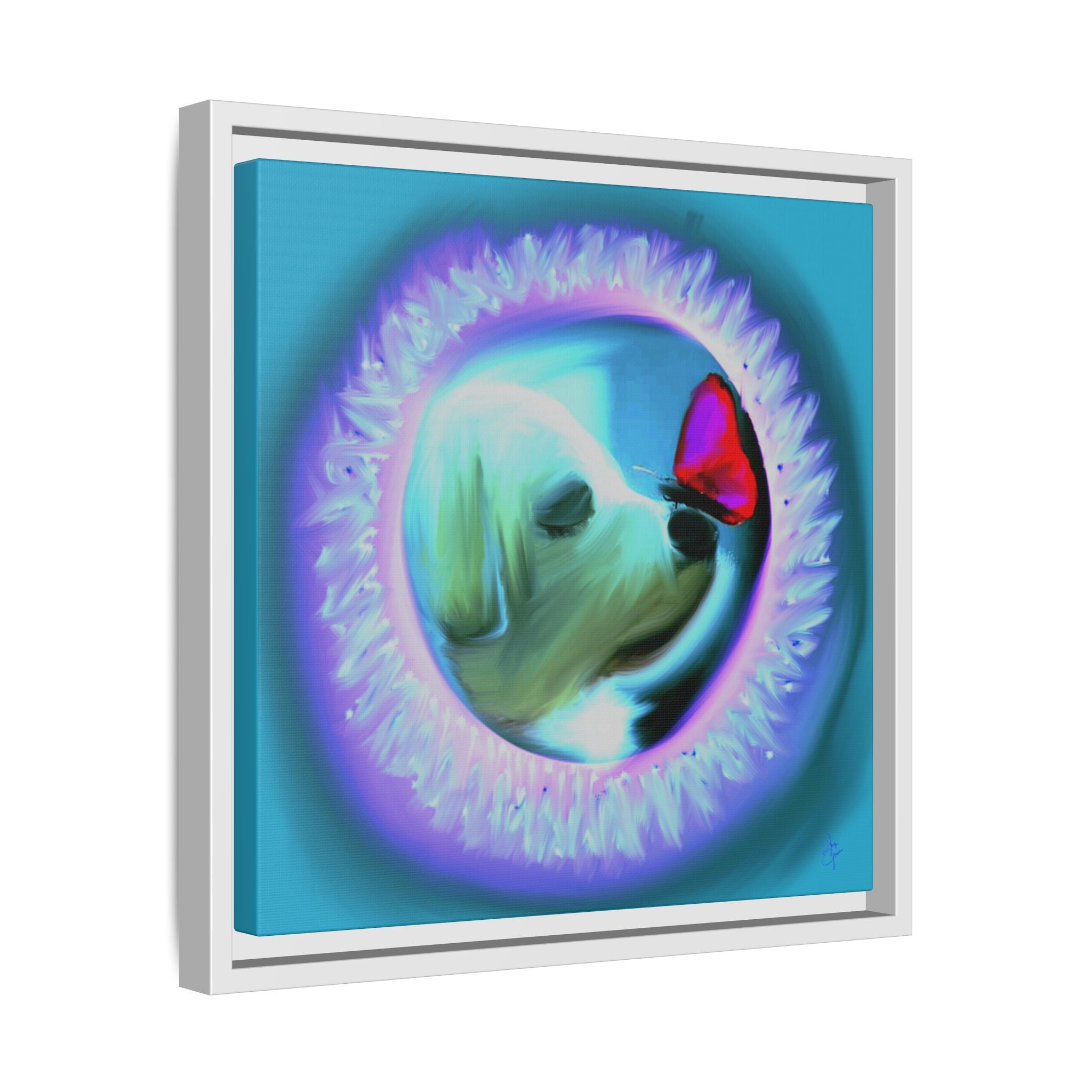 Framed Matte Canvas - Puppy with Butterfly Pop Art