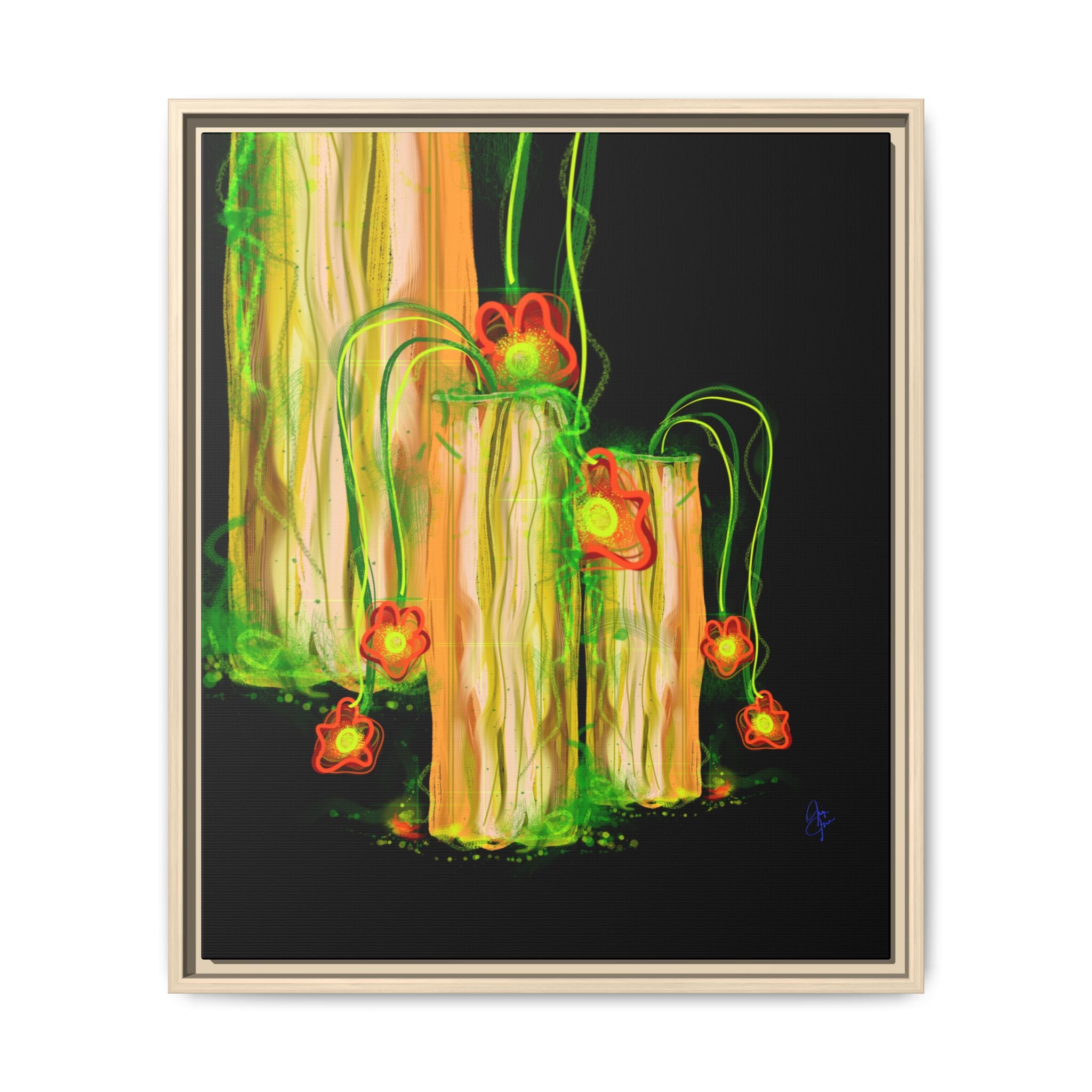 Framed Matte Canvas Print — Neon Floral Candlelight Art