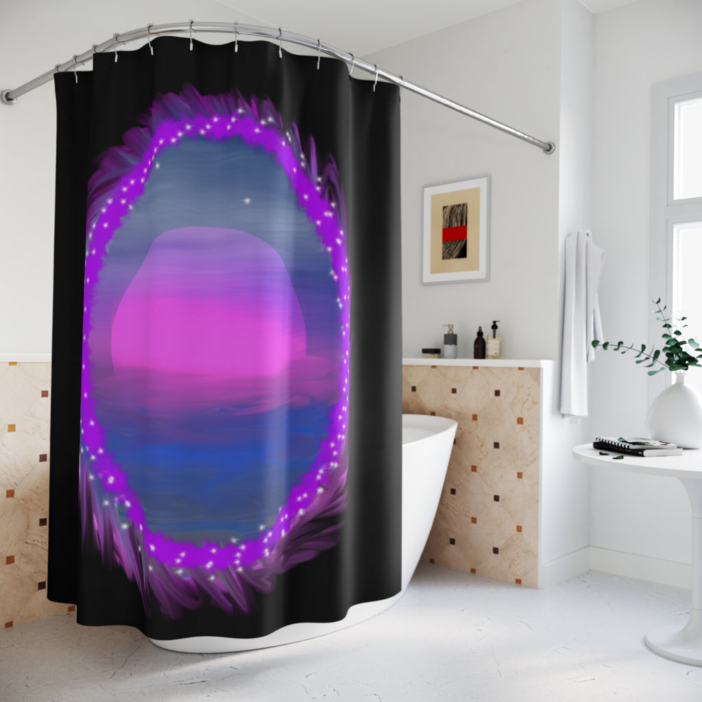 Mystic Neon Sunset Shower Curtain — Purple Galaxy Bath Decor