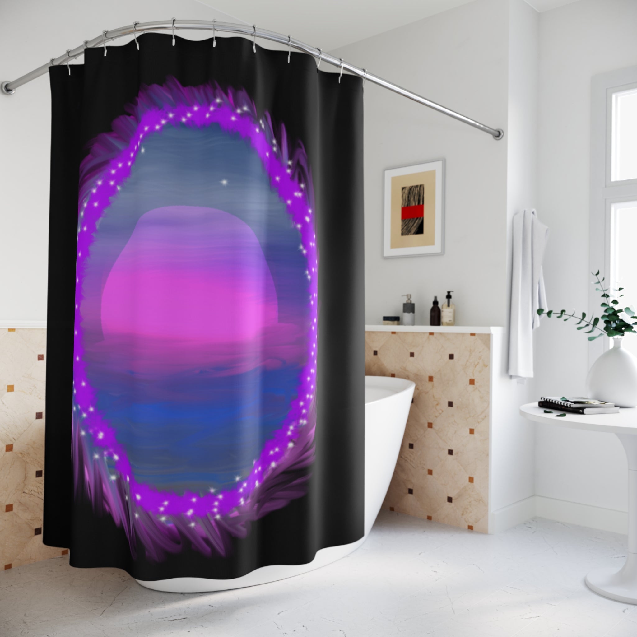 Mystic Neon Sunset Shower Curtain — Purple Galaxy Bath Decor