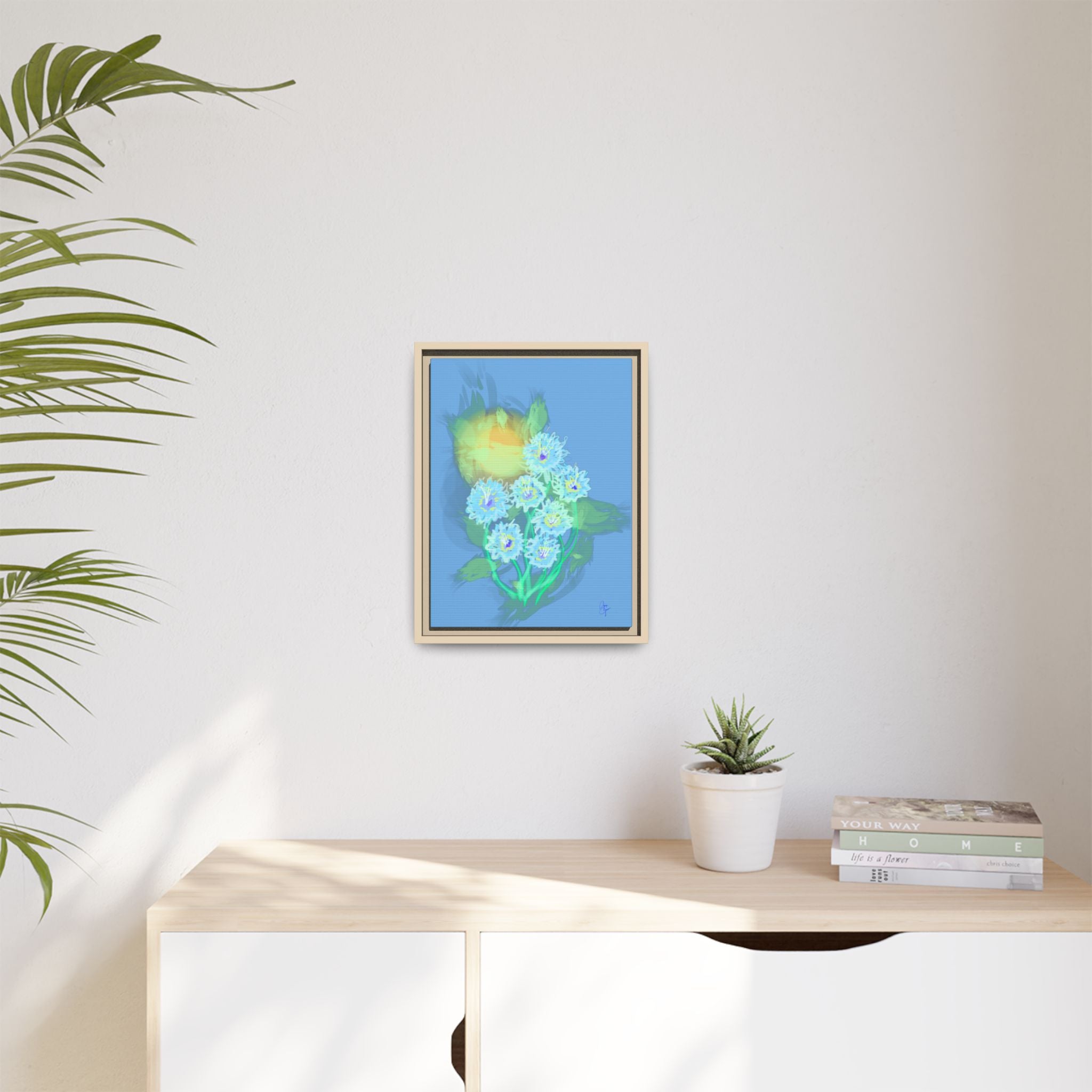 Framed Floral Canvas Art — Blue & Yellow Abstract Bouquet (Matte)