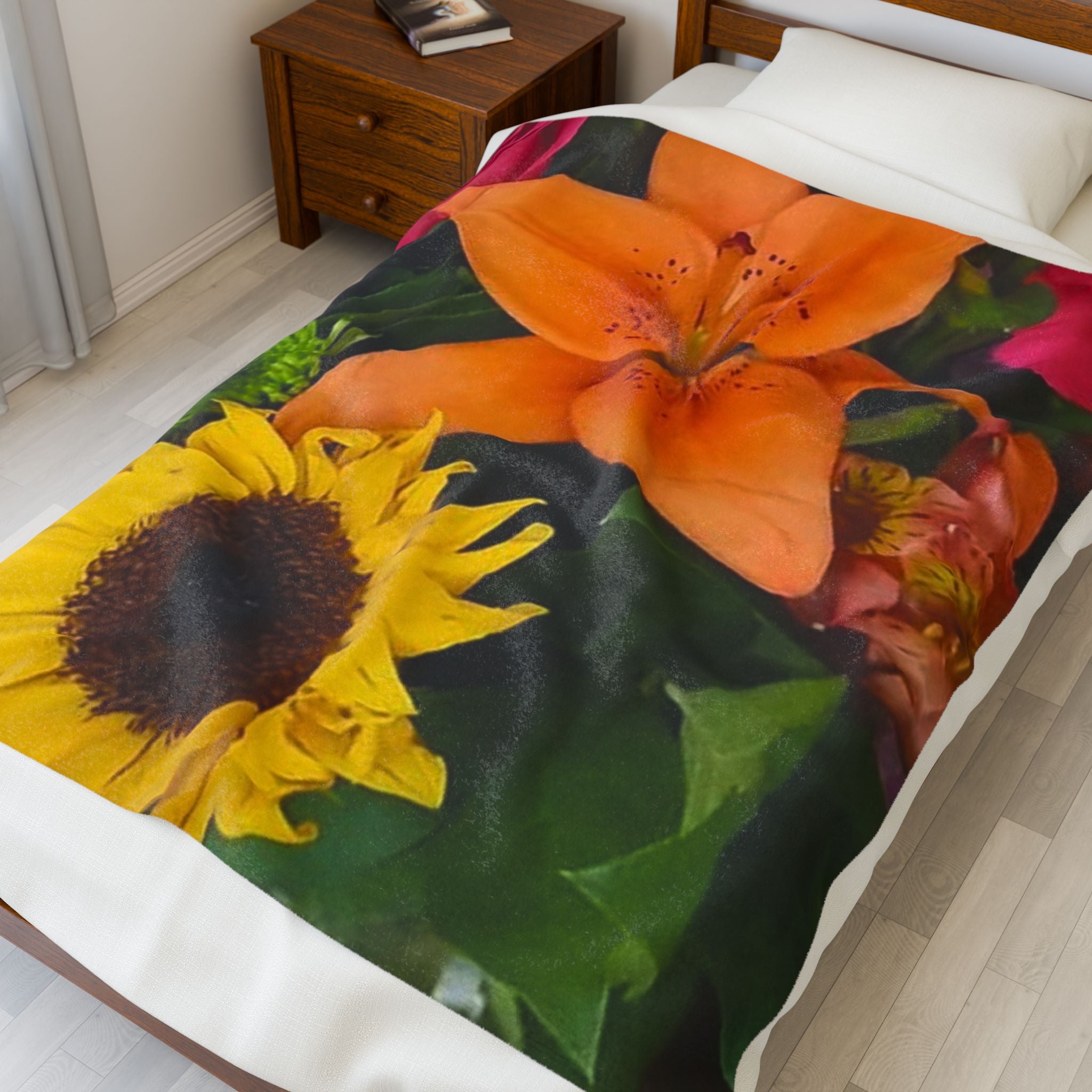 Velveteen Plush Blanket — Vibrant Floral Bouquet Throw (Sunflower & Orange Lily)