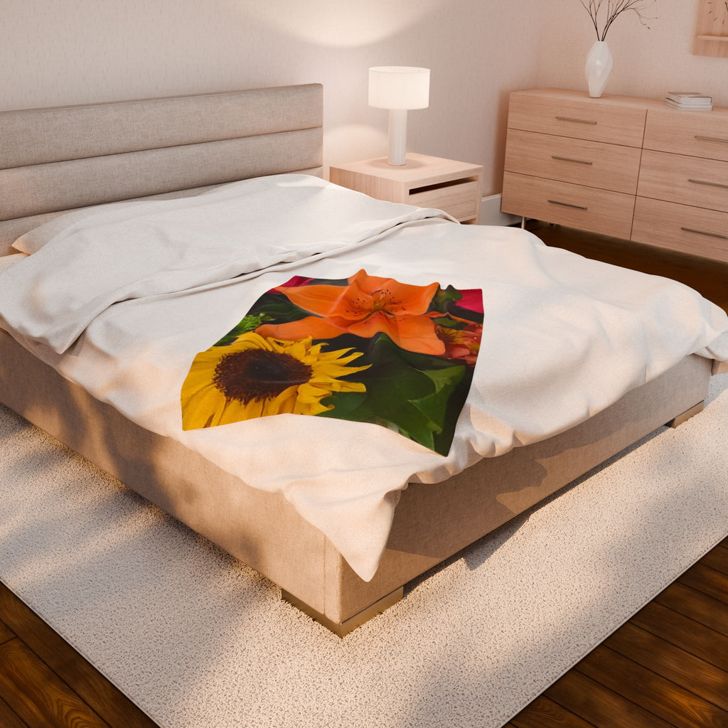 Velveteen Plush Blanket — Vibrant Floral Bouquet Throw (Sunflower & Orange Lily)