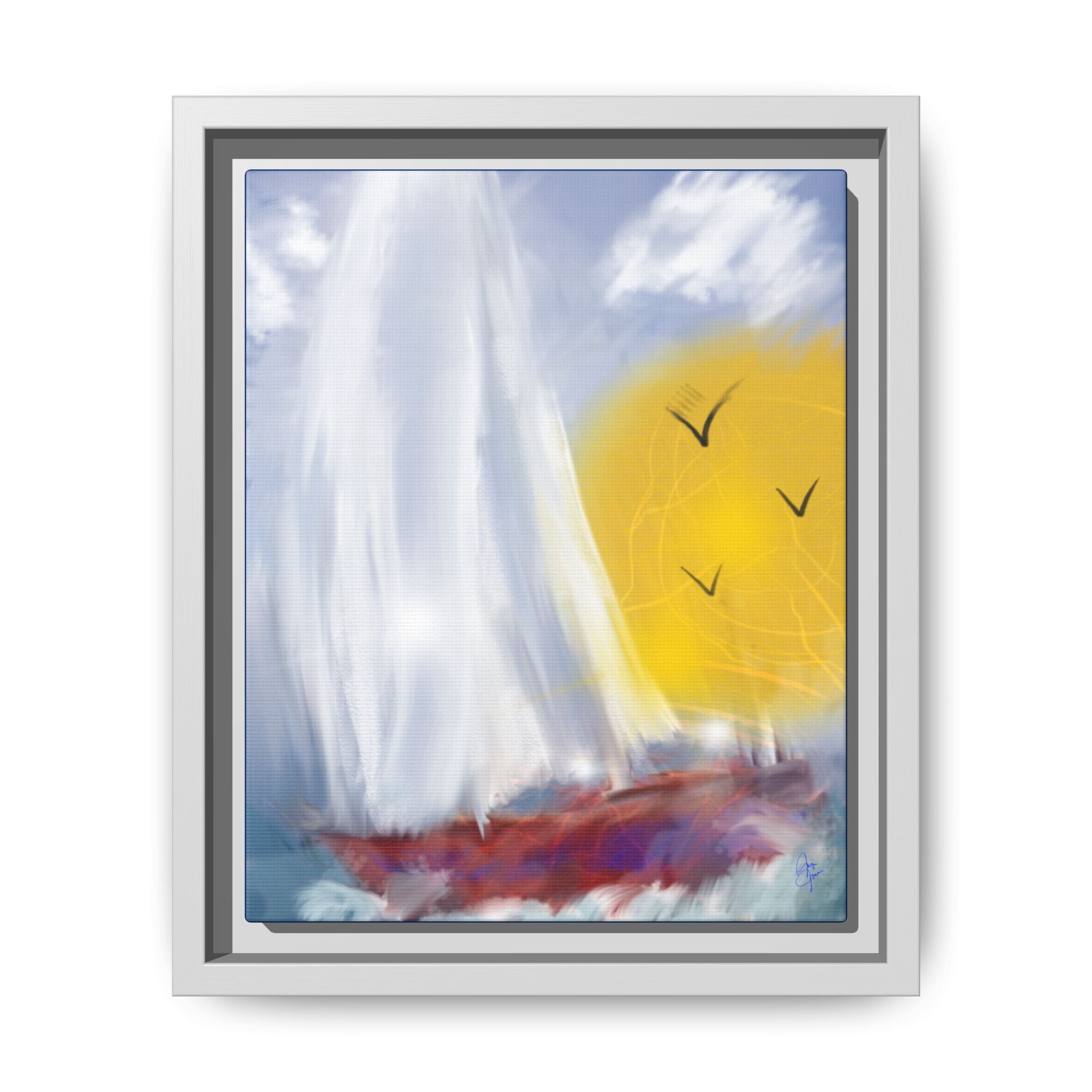 Sailboat Sunset Matte Framed Canvas Print — Coastal Seascape Wall Art