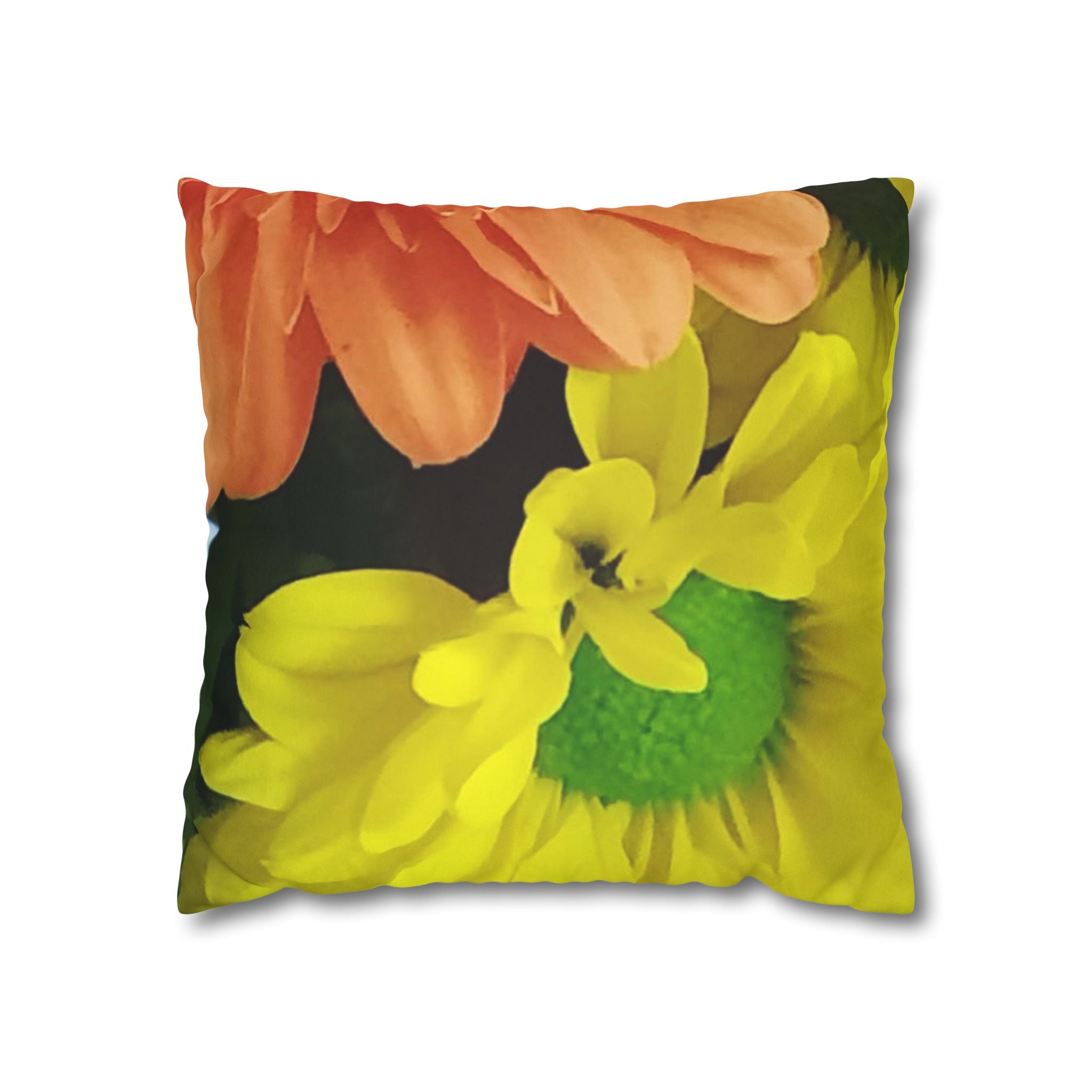 Floral Faux Suede Pillowcase — Yellow & Peach Daisy Accent Cushion Cover