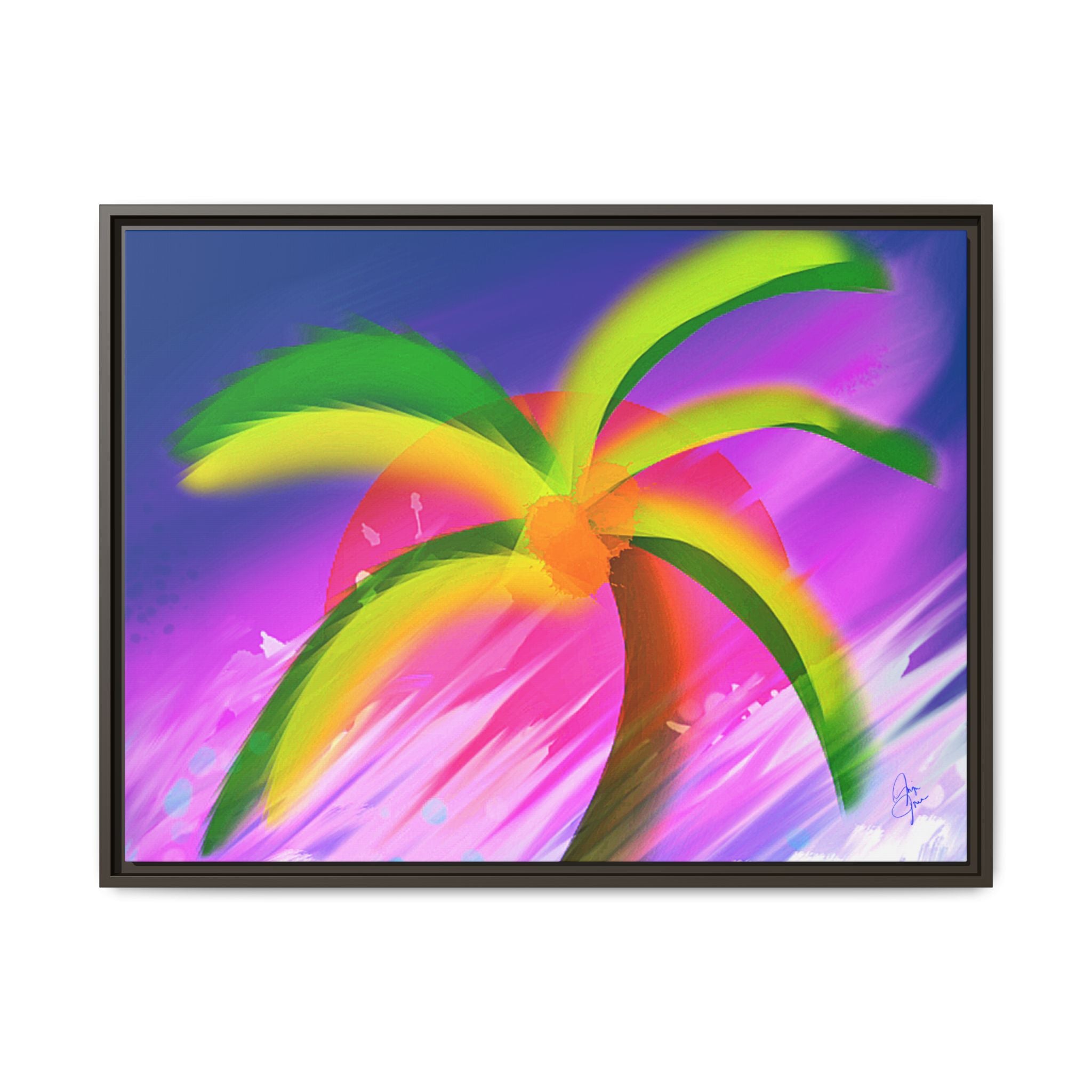 Framed Matte Canvas Print — Neon Palm Beach Art