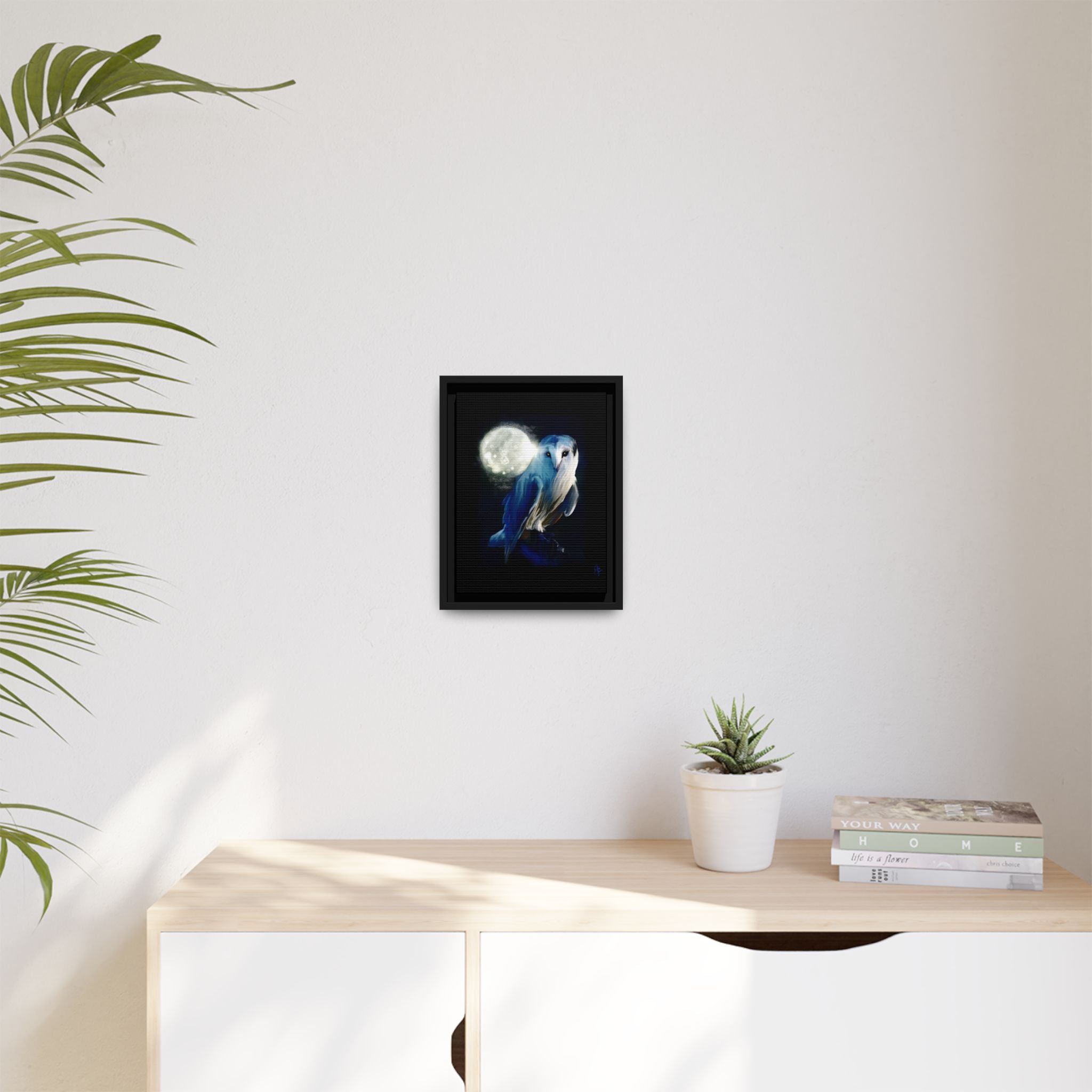 Moonlight Owl Matte Framed Canvas — Mystical Blue Owl Wall Art