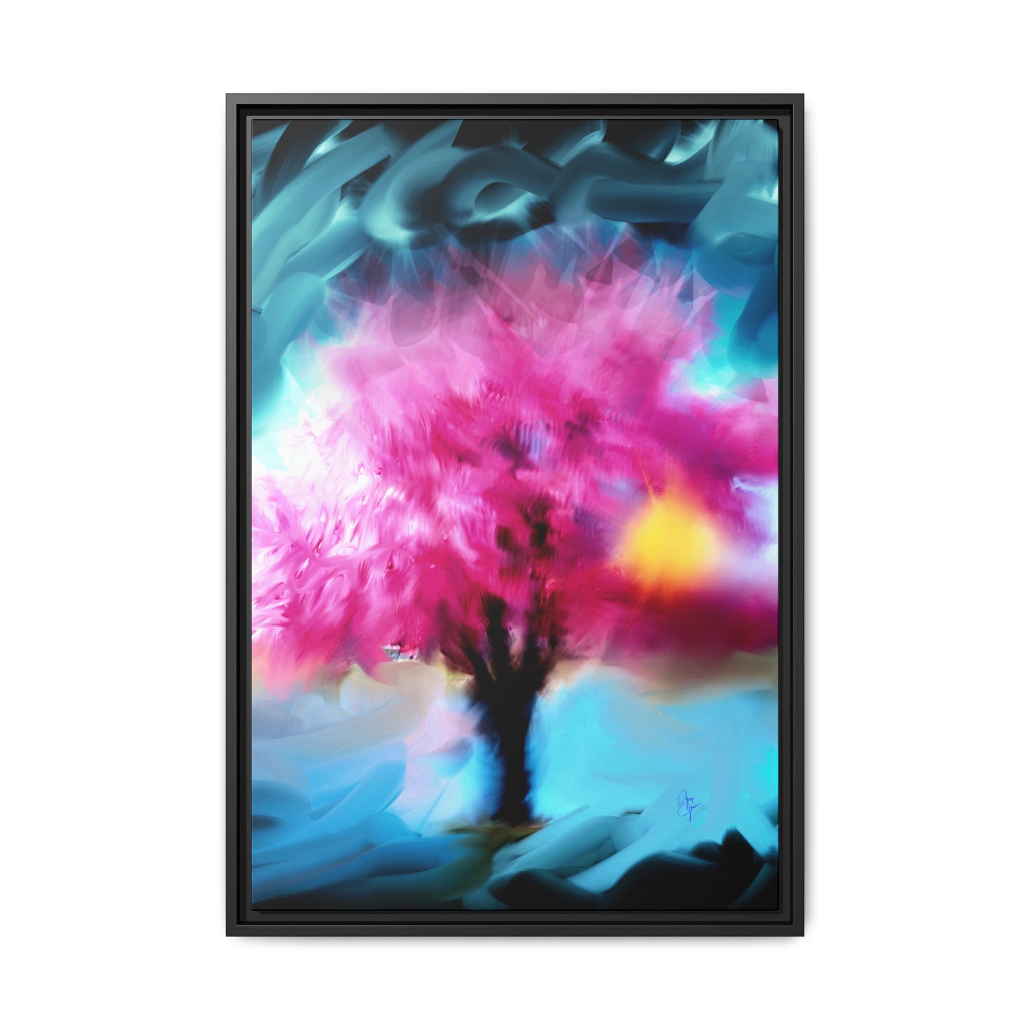 Framed Abstract Blossom Canvas — Vertical Pink & Blue Wall Art