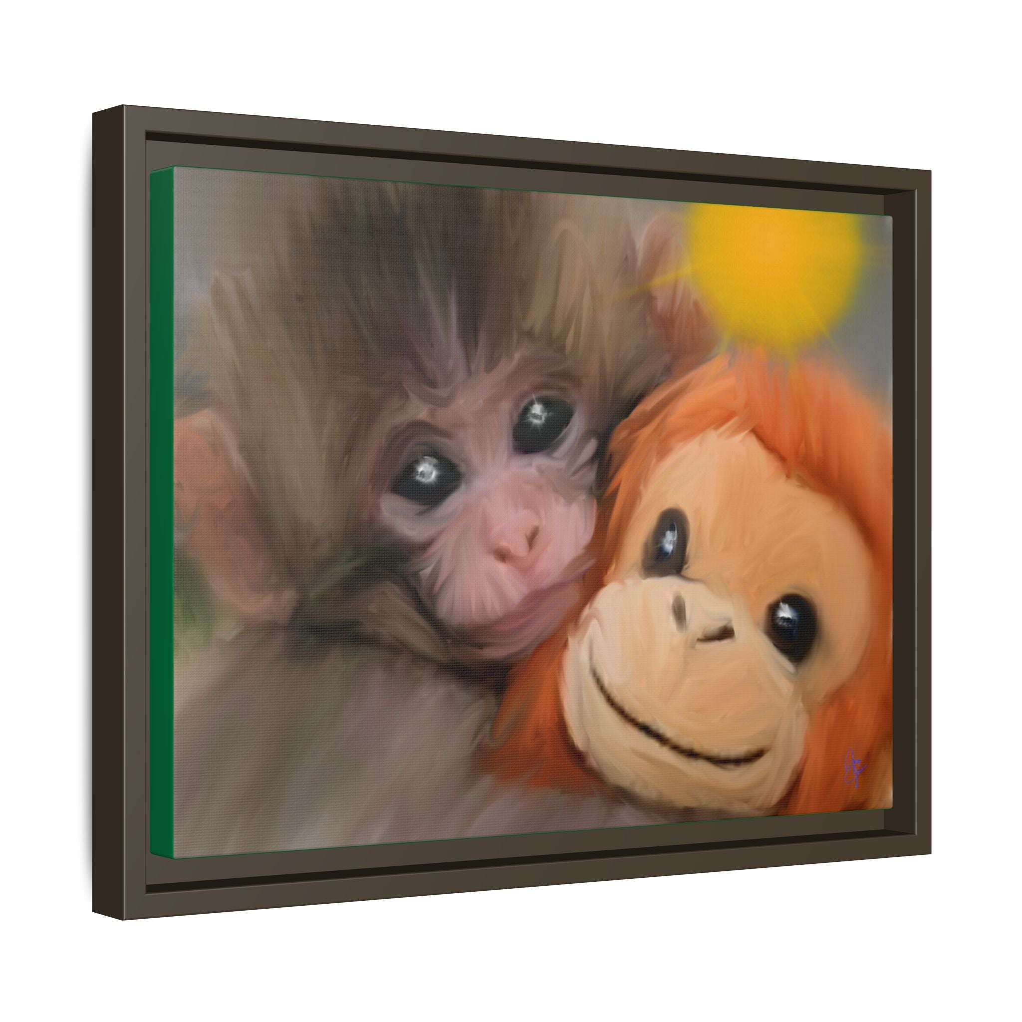 Framed Matte Canvas Print — Baby Monkey & Plush Orangutan Wall Art