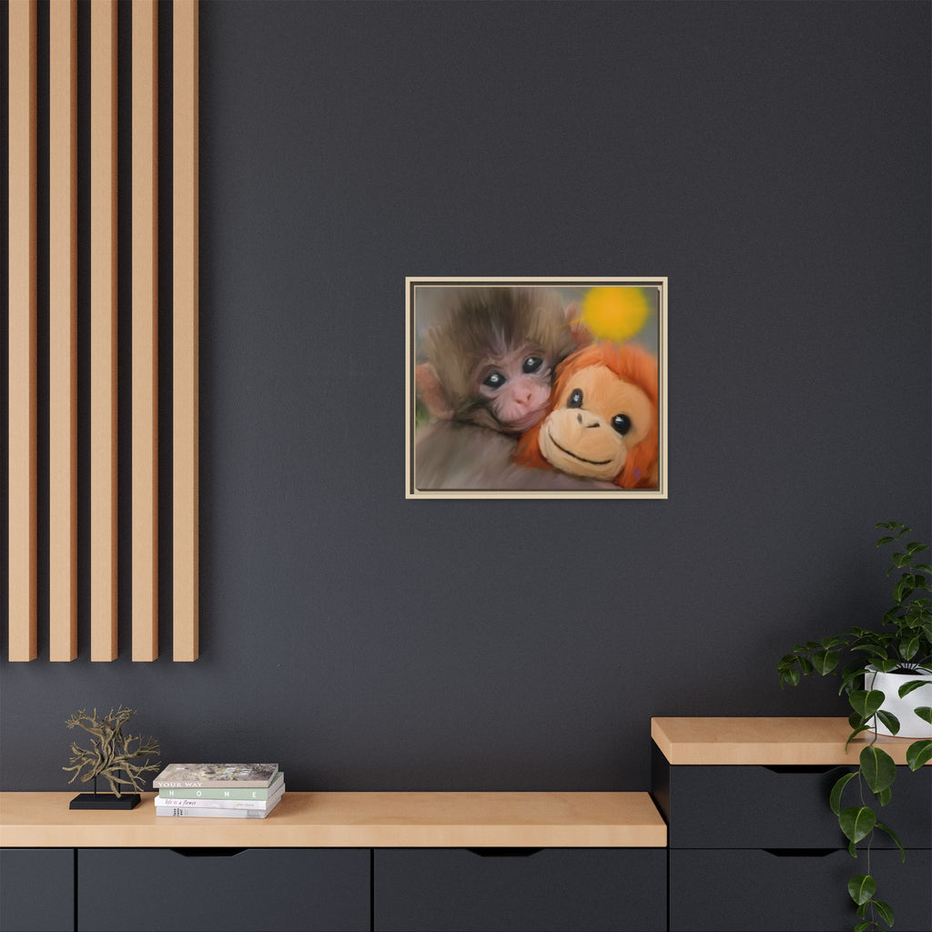 Framed Matte Canvas Print — Baby Monkey & Plush Orangutan Wall Art